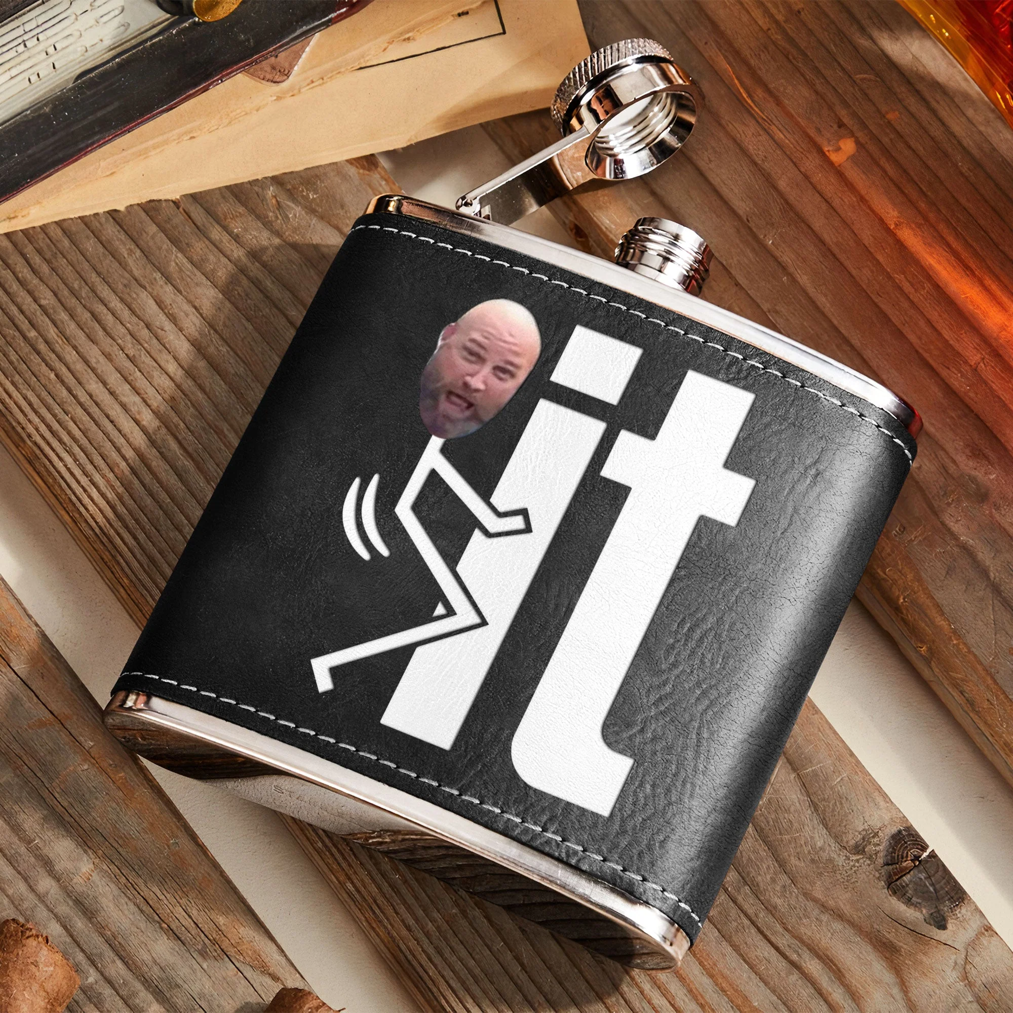 F It Funny Gift For Him - Personalized Leather Photo Flask - Image 5