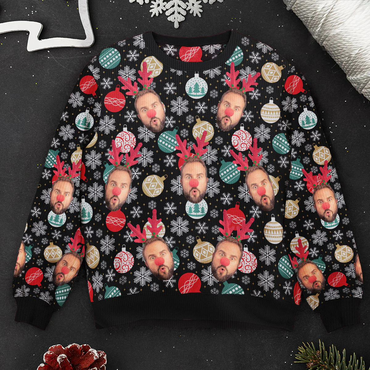 Face Christmas Family Baubles Balls And Snowflakes - Personalized Photo Ugly Sweater - Image 2