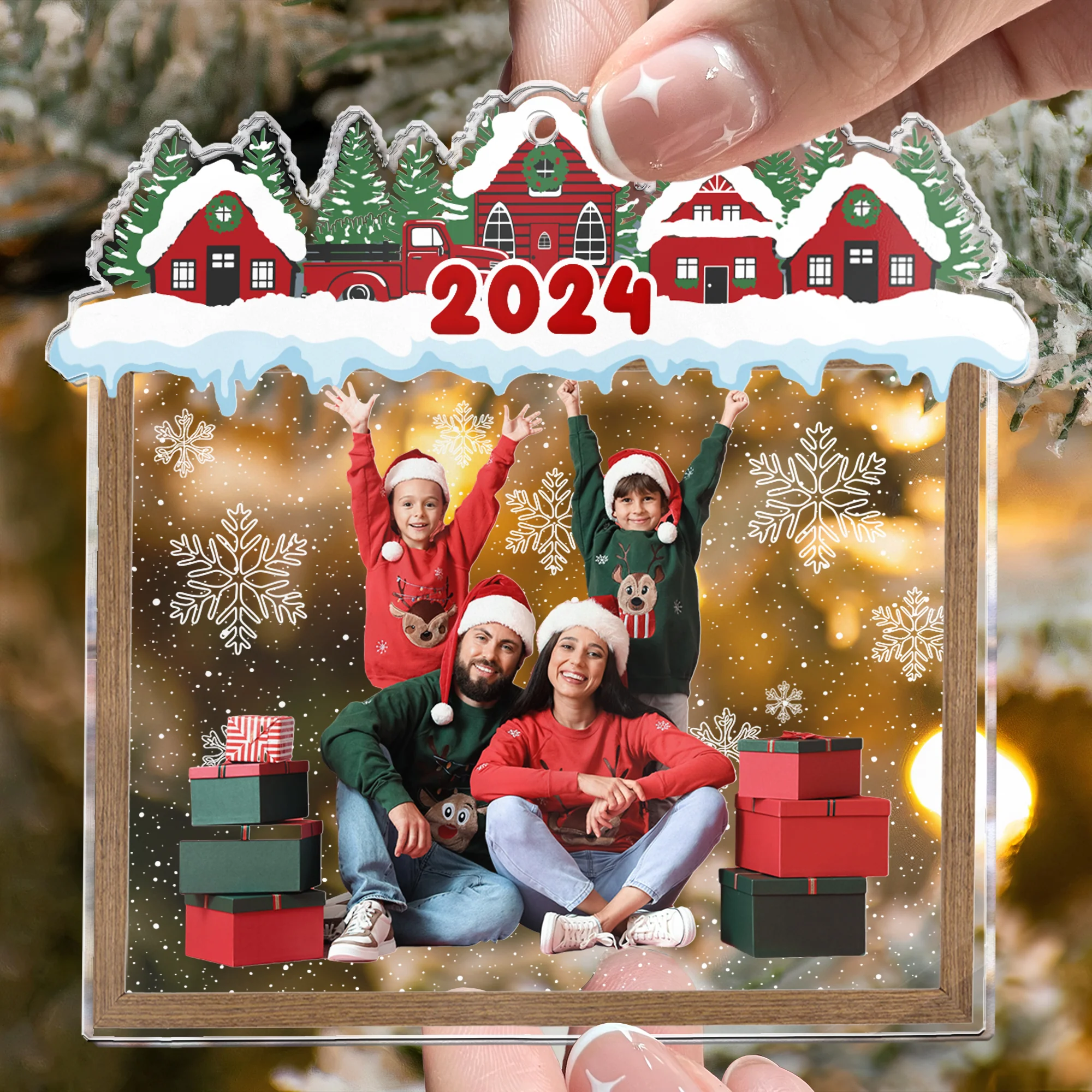 Family Beautiful Christmas Town Village View - Personalized Family Photo Ornament - Image 5