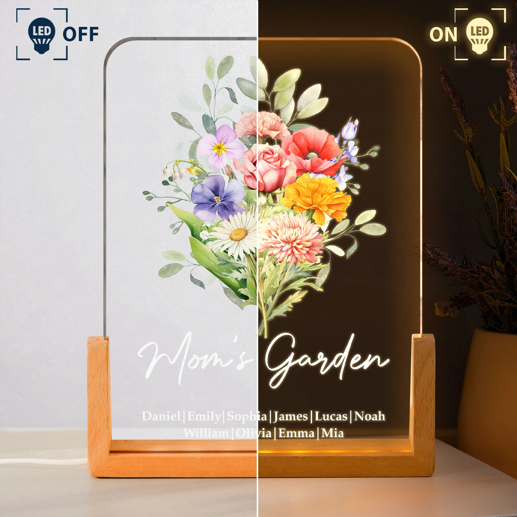 Family Birth Flower Bouquet Flowers Gift For Mom, Grandma, Family - Personalized Night Light - Image 3