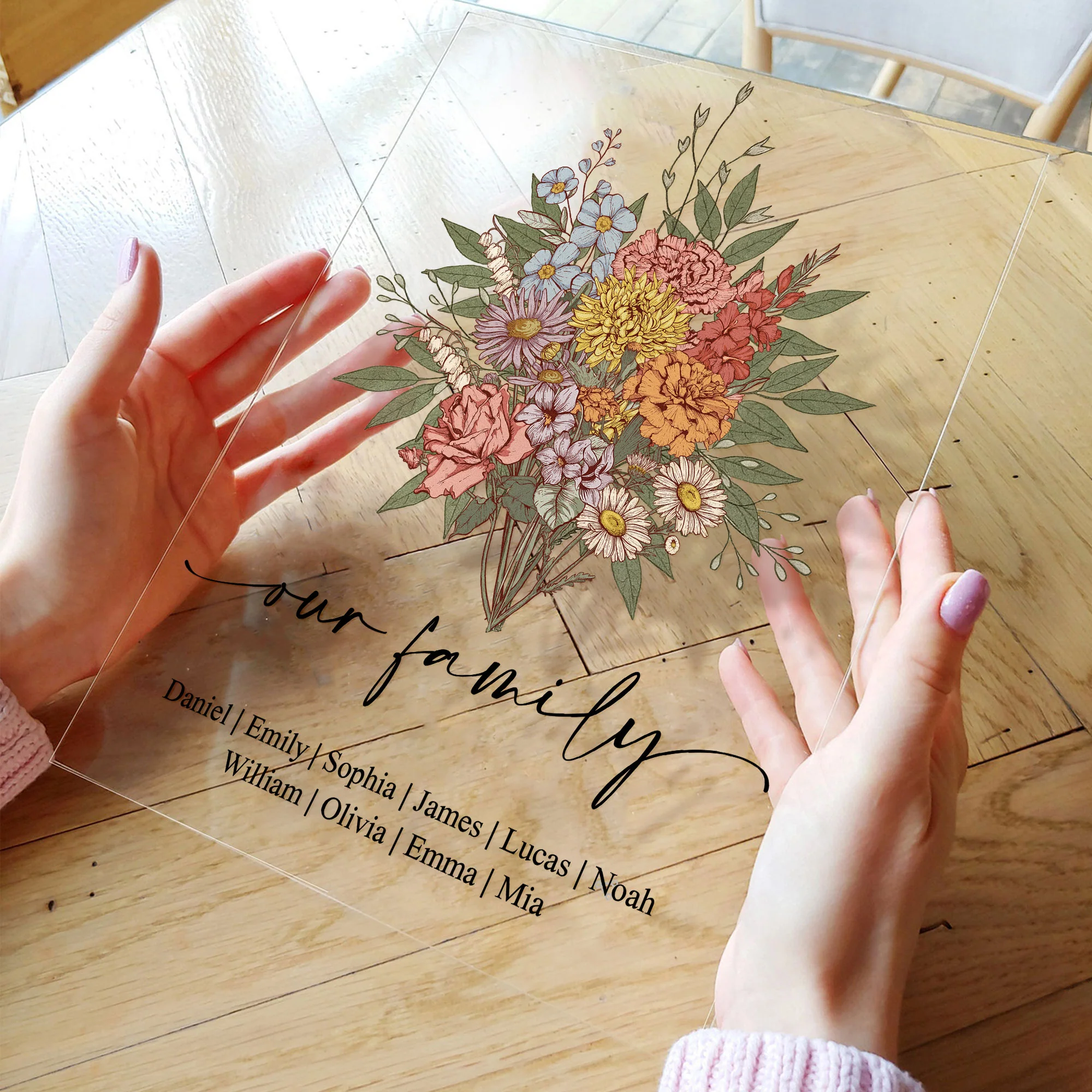 Family Boho Birth Flower Bouquet Flowers Gift For Mom, Grandma, Family - Personalized Acrylic Plaque - Image 2