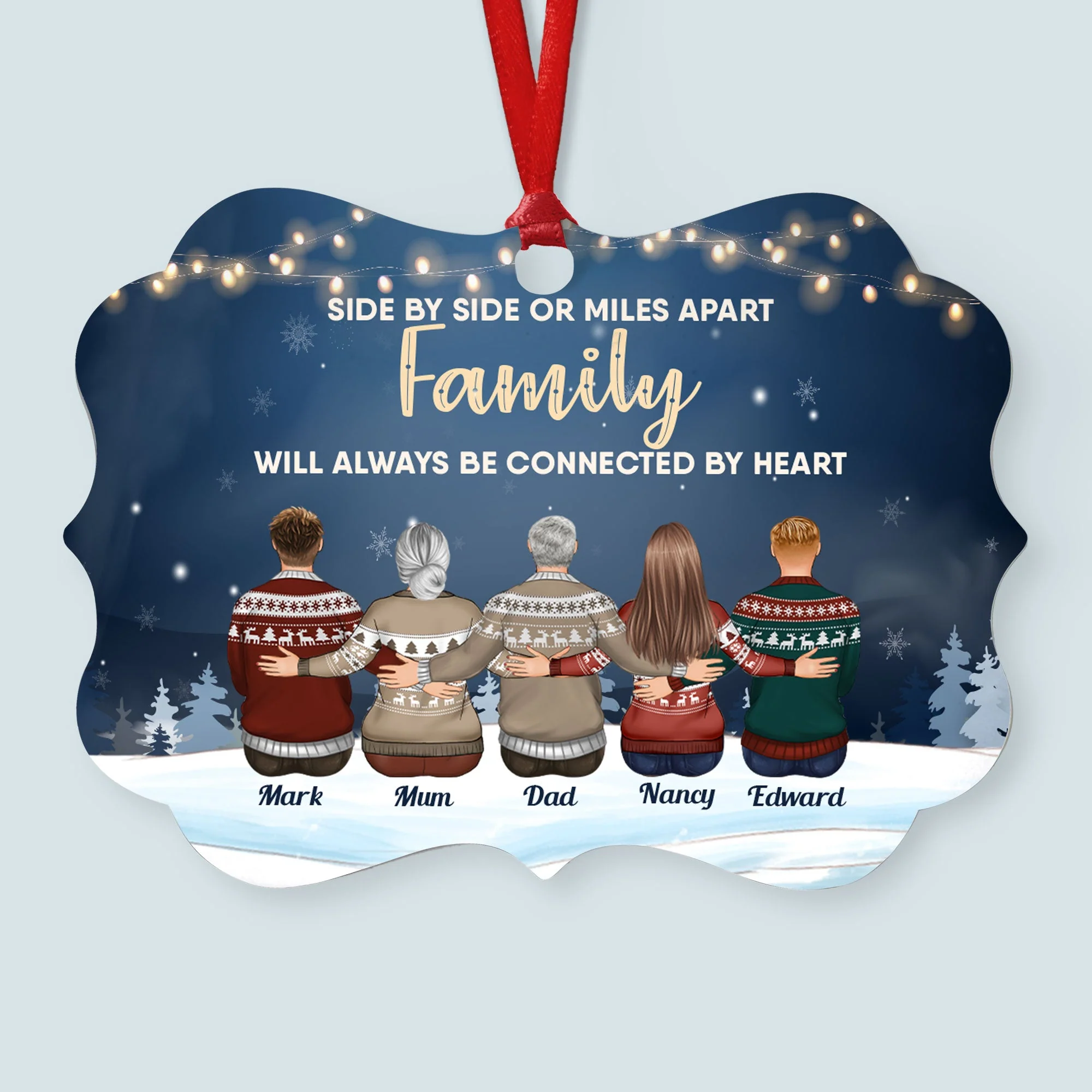 Family Connected By Heart - Personalized Wooden/Aluminum Ornament - Family Hugging - Image 5