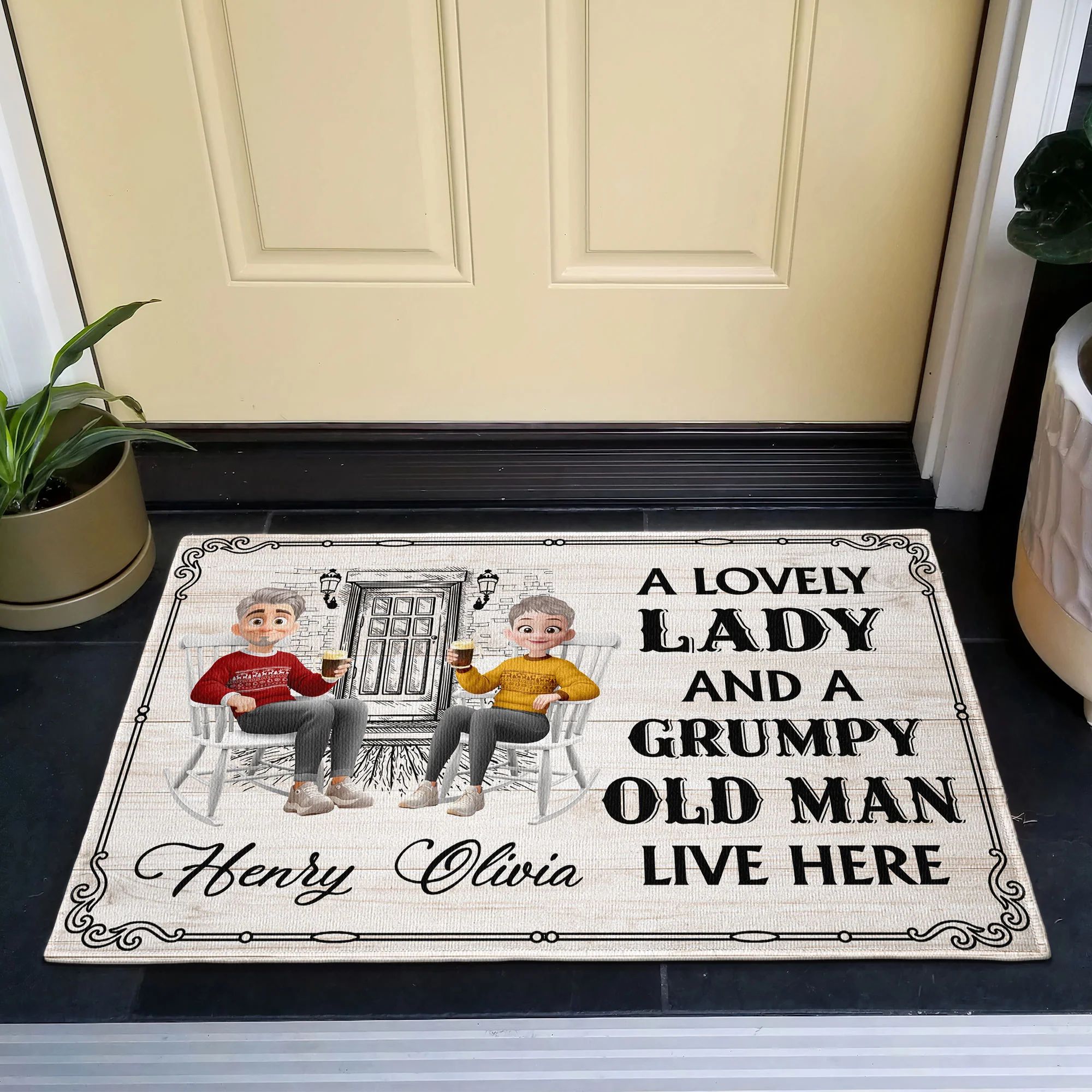 Family Couple A Lovely Lady And A Grumpy Old Man Live Here - Personalized Doormat - Image 2