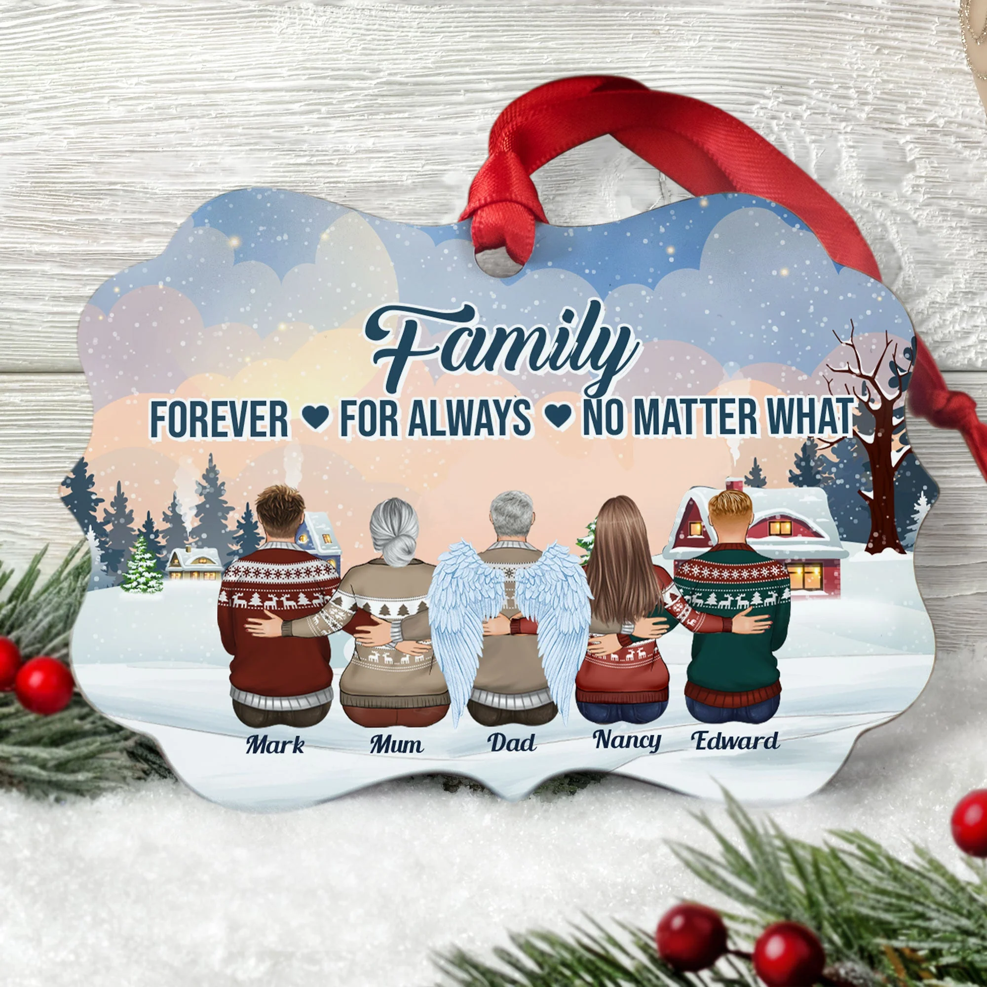 Family Forever For Always No Matter What - Personalized Aluminum Ornament - Family Hugging - Image 2