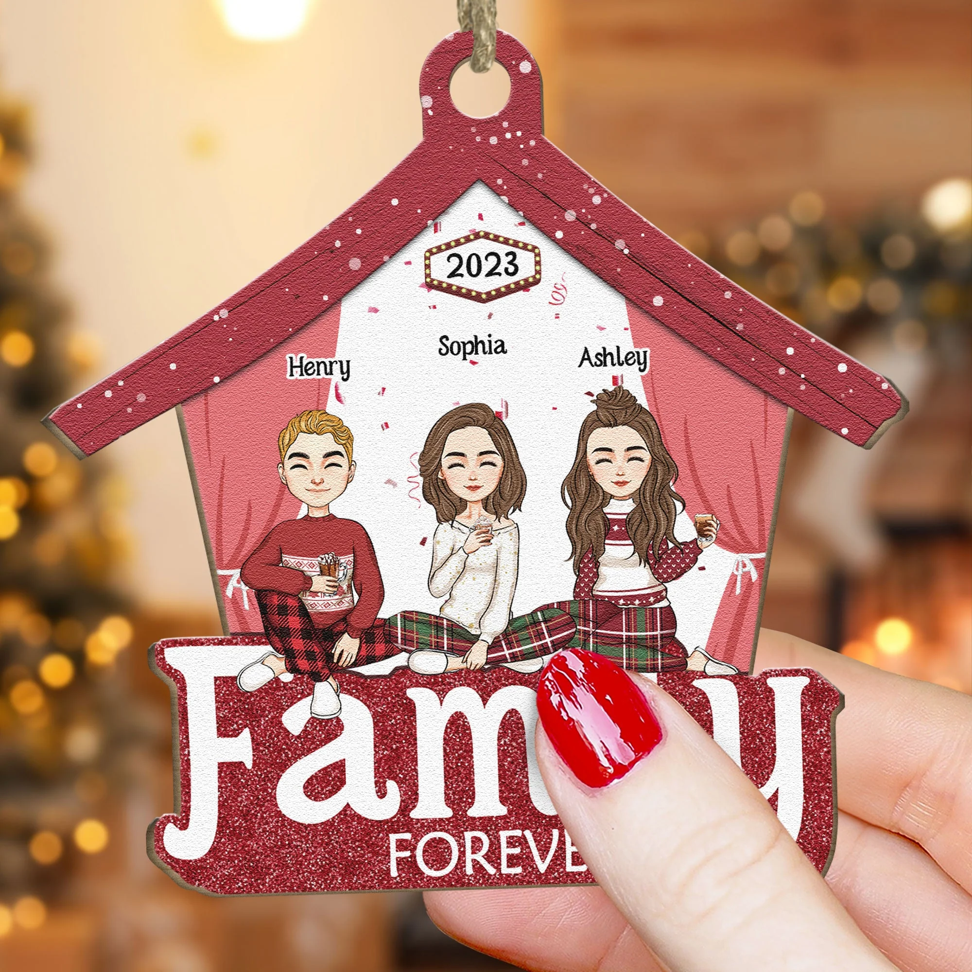 Family Forever - Red Version - Personalized Wooden Ornament - Image 2
