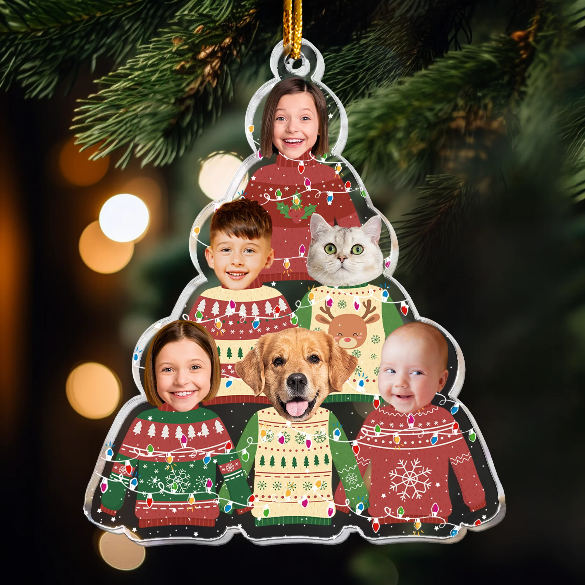 Family In Christmas Ugly Sweater Custom Fun Face - Personalized Acrylic Photo Ornament - Image 2
