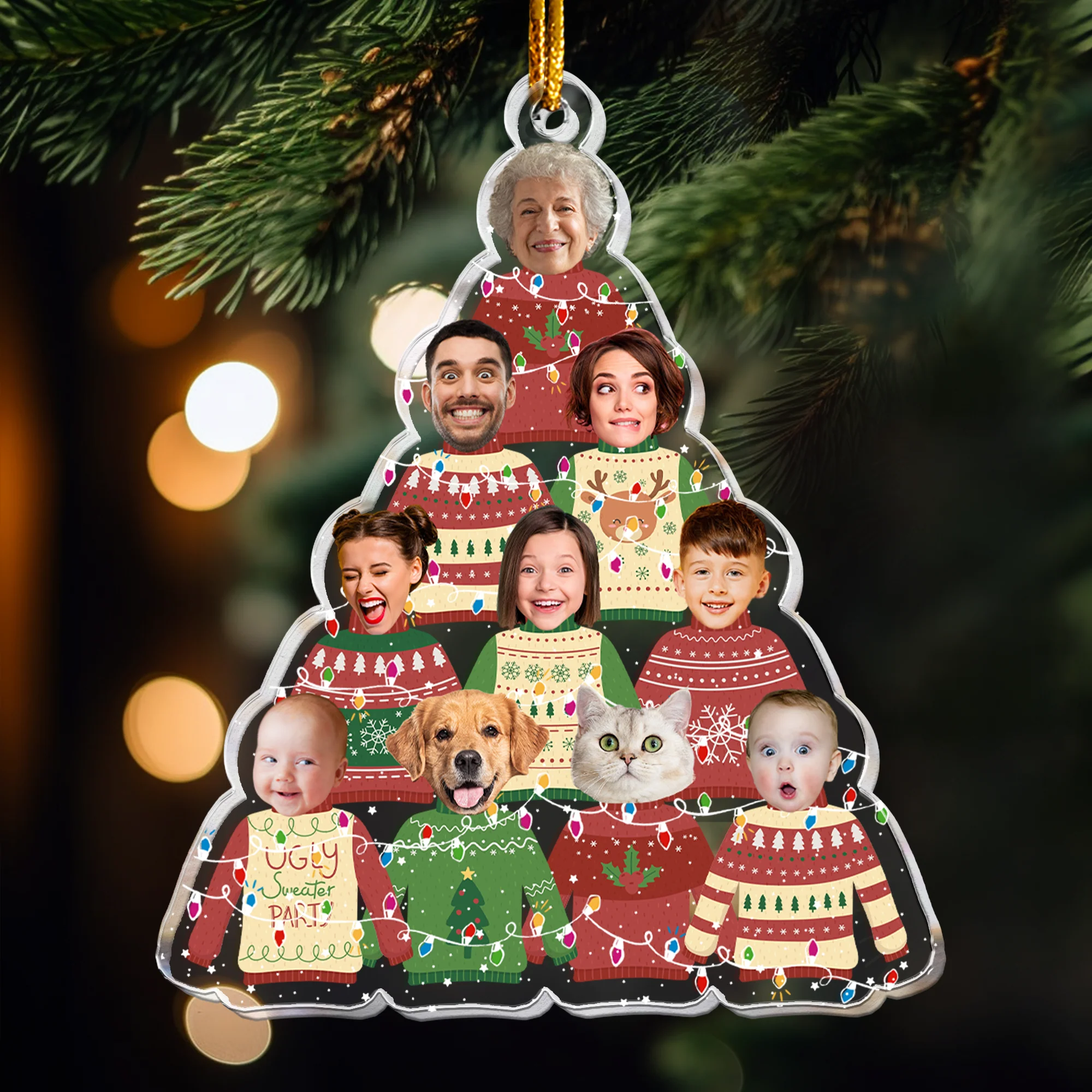 Family In Christmas Ugly Sweater Custom Fun Face - Personalized Acrylic Photo Ornament - Image 4