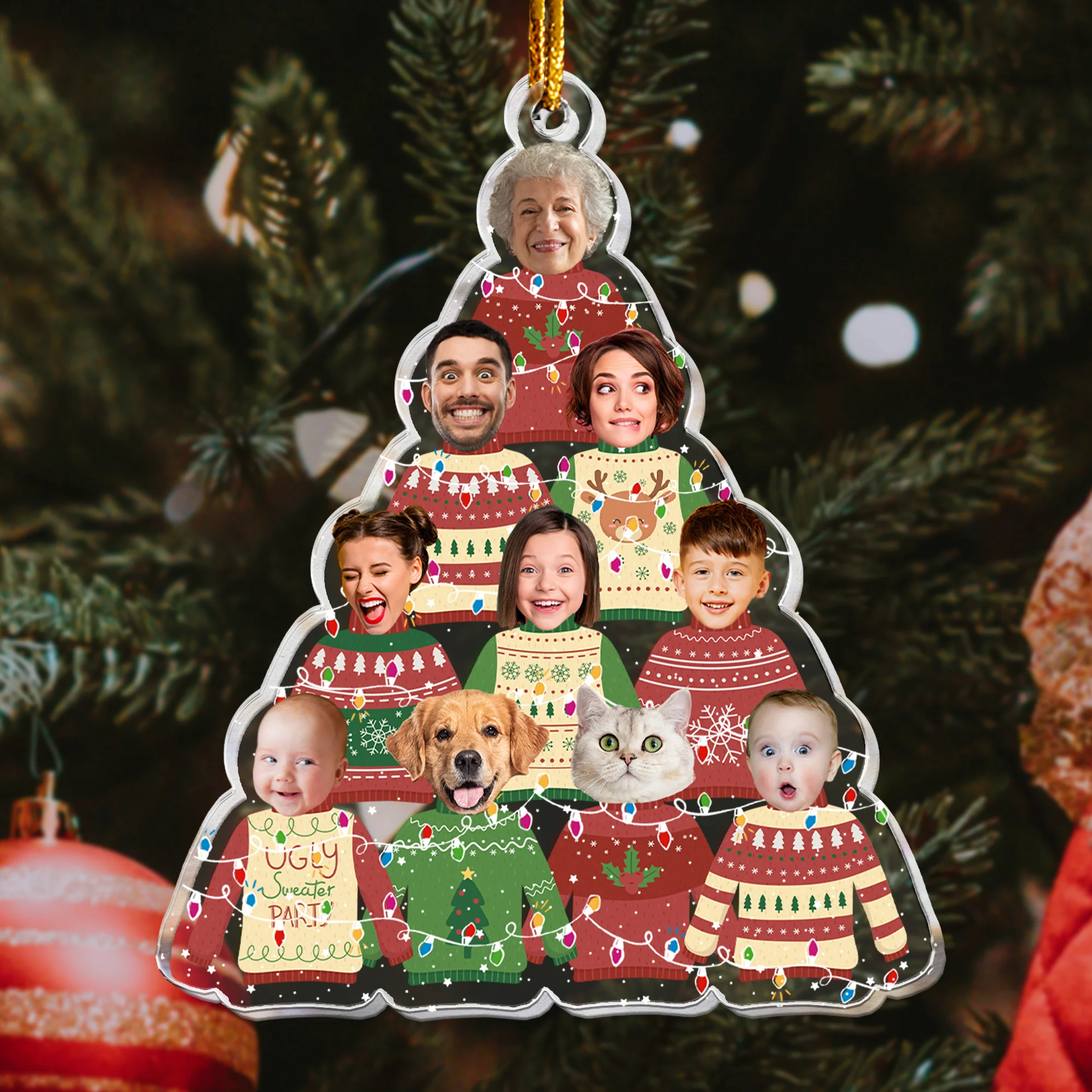 Family In Christmas Ugly Sweater Custom Fun Face - Personalized Acrylic Photo Ornament - Image 5