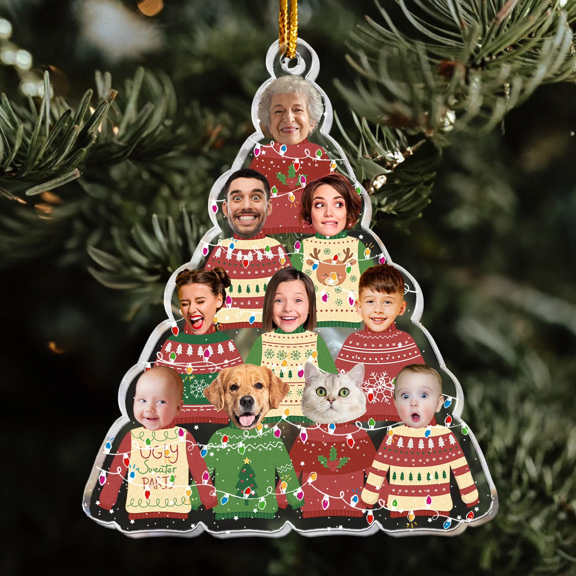 Family In Christmas Ugly Sweater Custom Fun Face - Personalized Acrylic Photo Ornament - Image 6