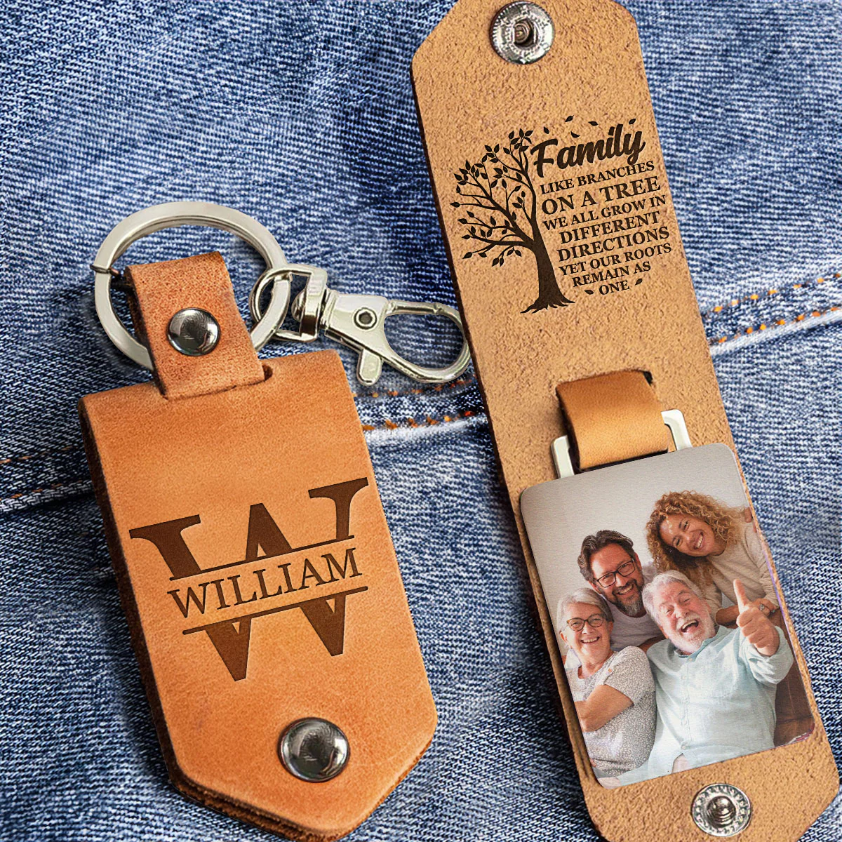 Family Keychain Monogram Keychain - Personalized Leather Photo Keychain - Image 2