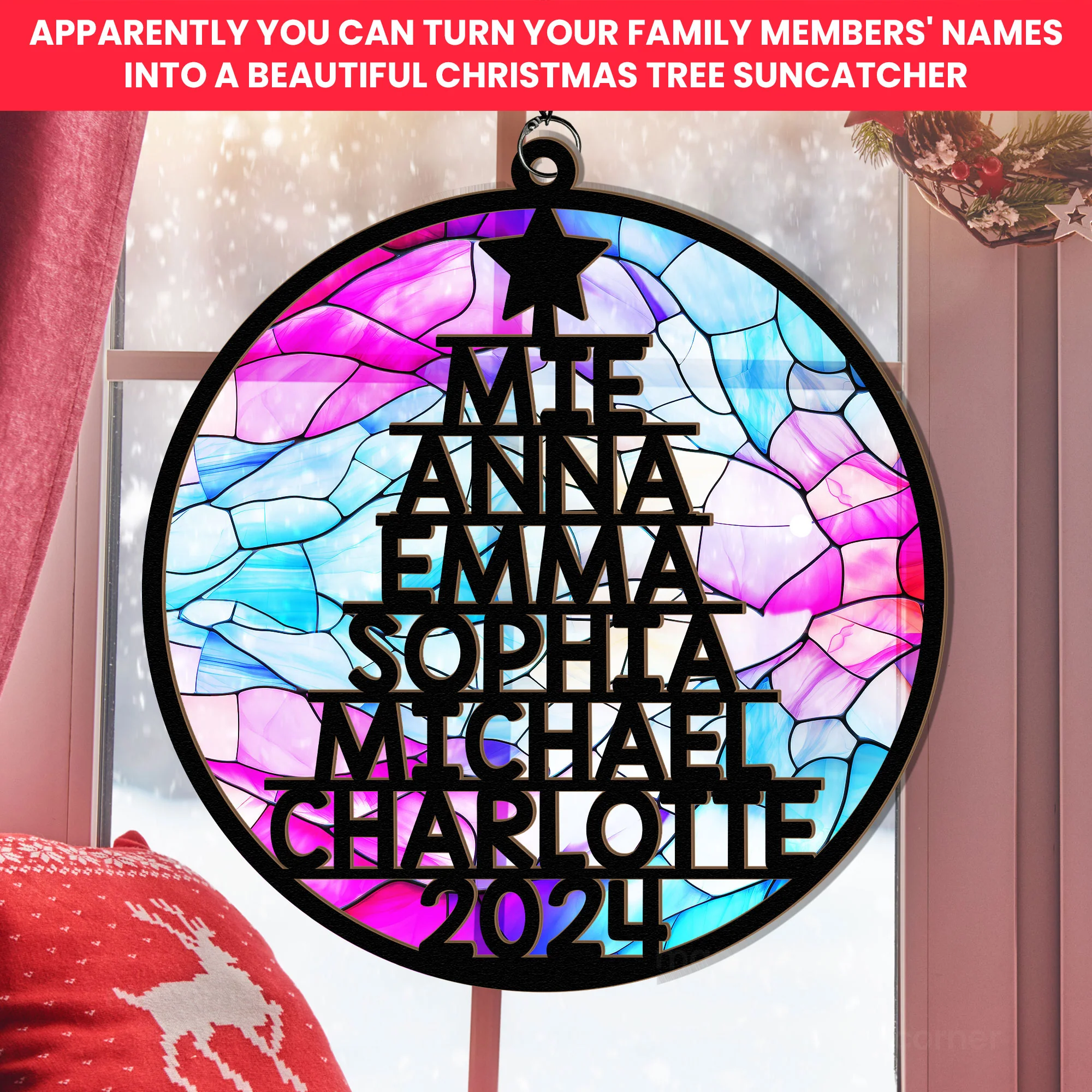 Family Member Names Christmas Tree - Personalized Window Hanging Suncatcher Ornament - Image 6