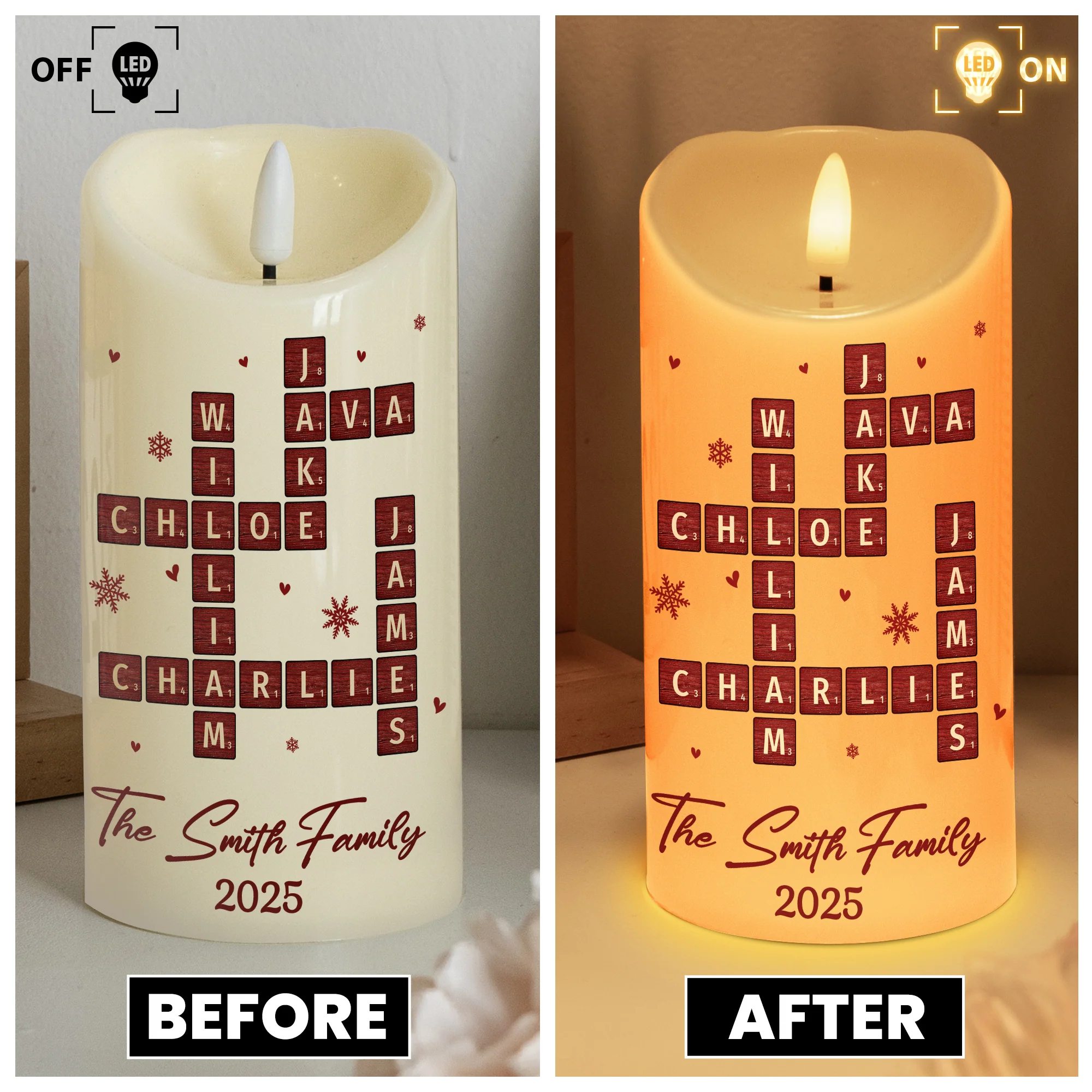 Family Name Scrabble Christmas - Personalized LED Candle - Image 3