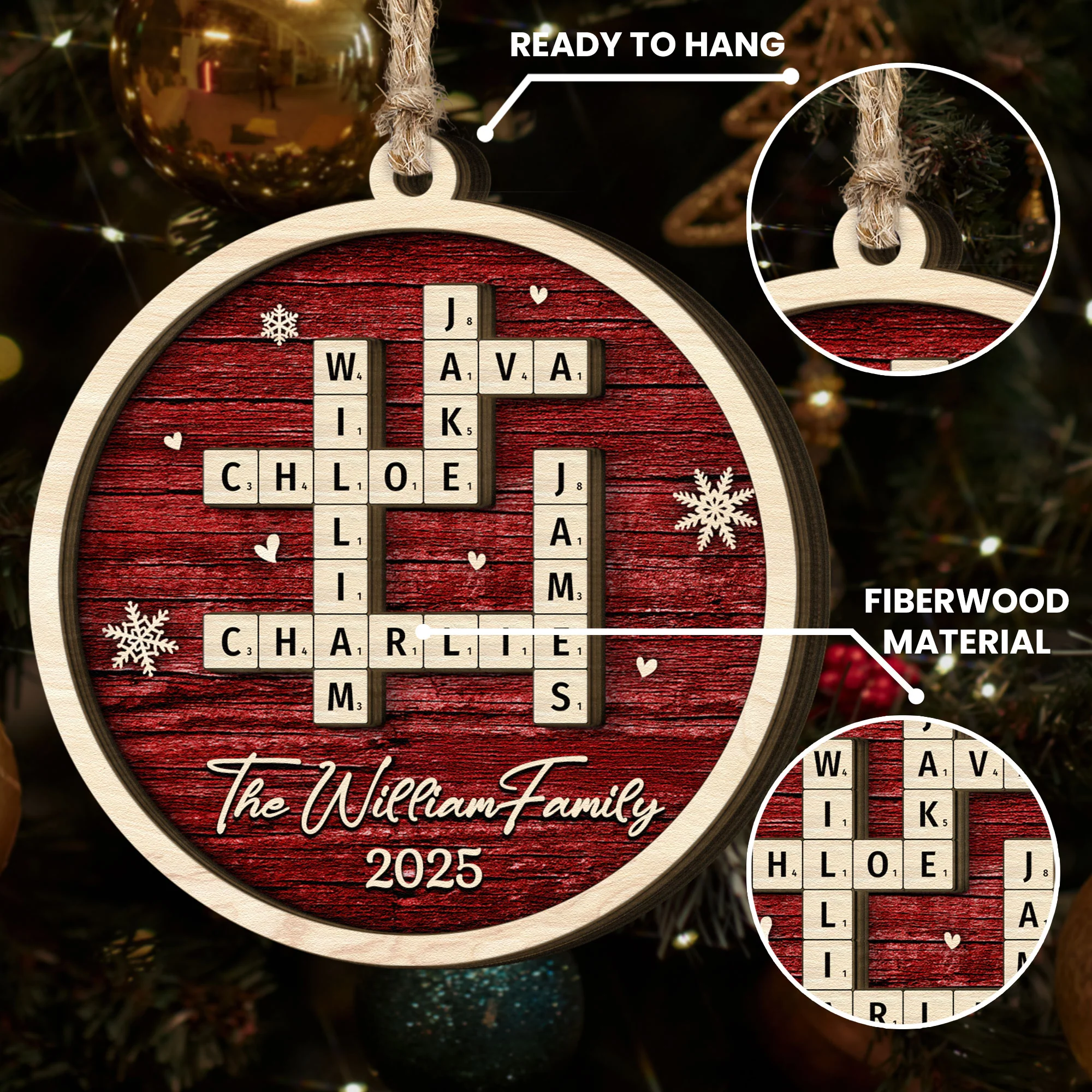 Family Name Scrabble Christmas - Personalized 2-Layer Wooden Ornament - Image 4