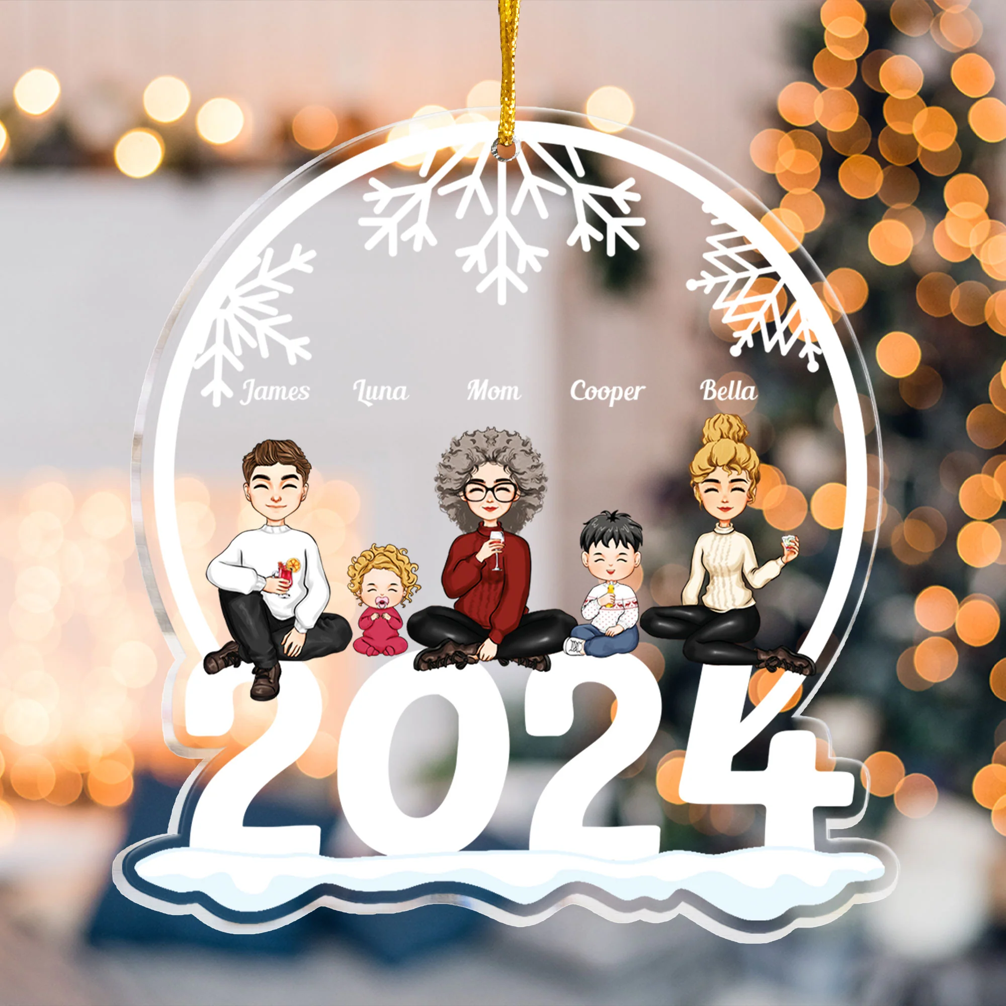 Family Of 5 Jolly Christmas - Personalized 2024 Shaped Acrylic Ornament - Image 3