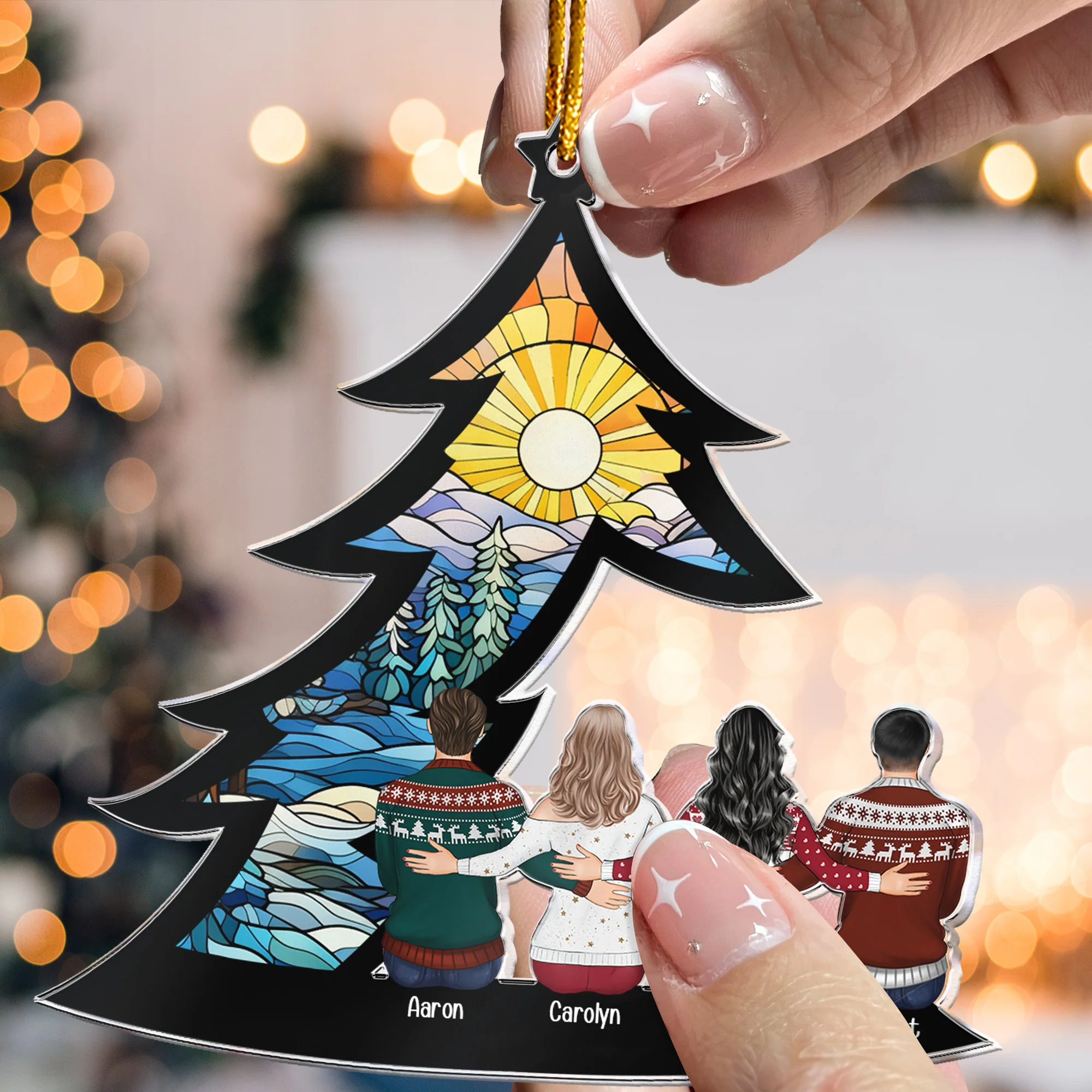 Family, Siblings, Friends Sitting Under Christmas Tree - Personalized Acrylic Ornament - Image 2