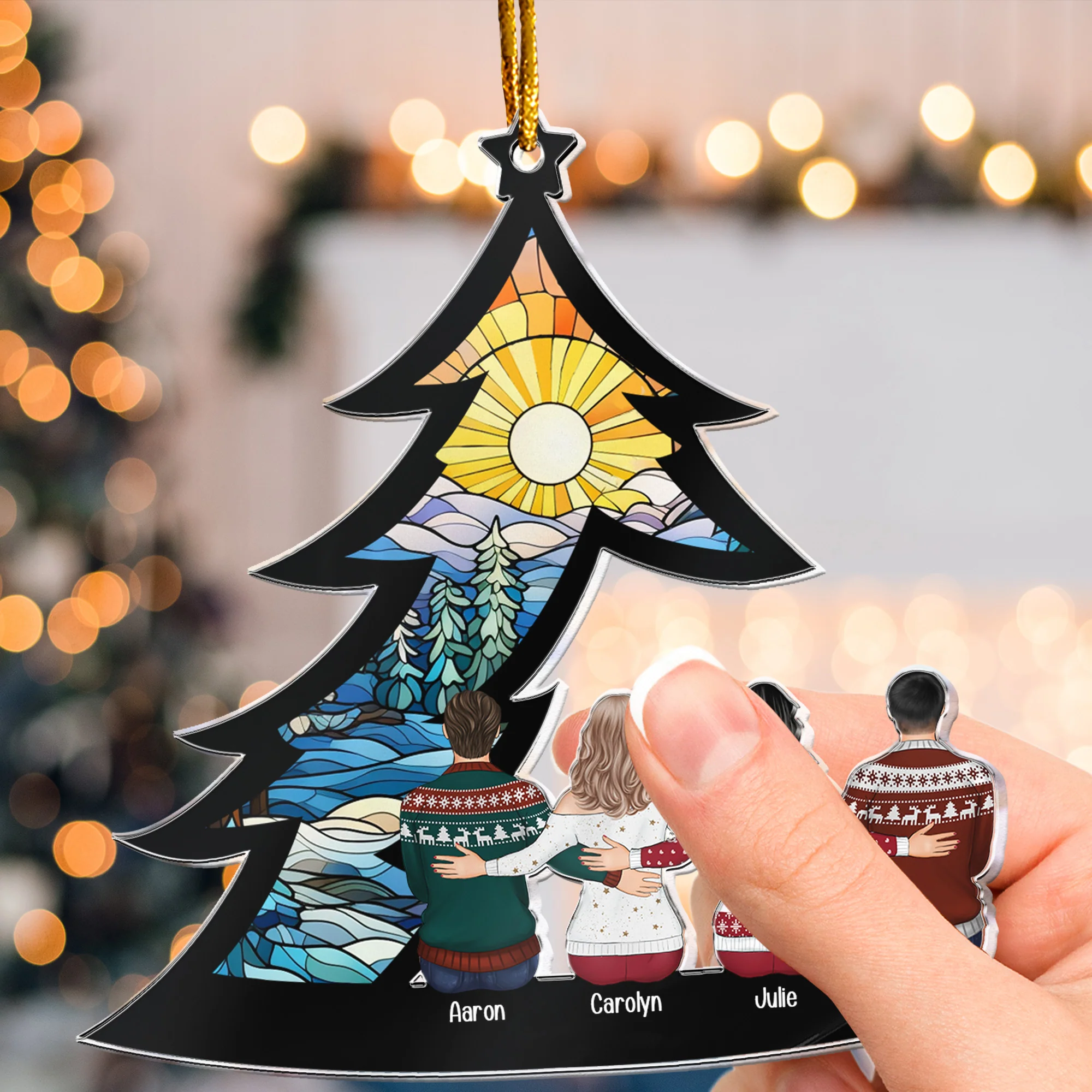 Family, Siblings, Friends Sitting Under Christmas Tree - Personalized Acrylic Ornament - Image 3