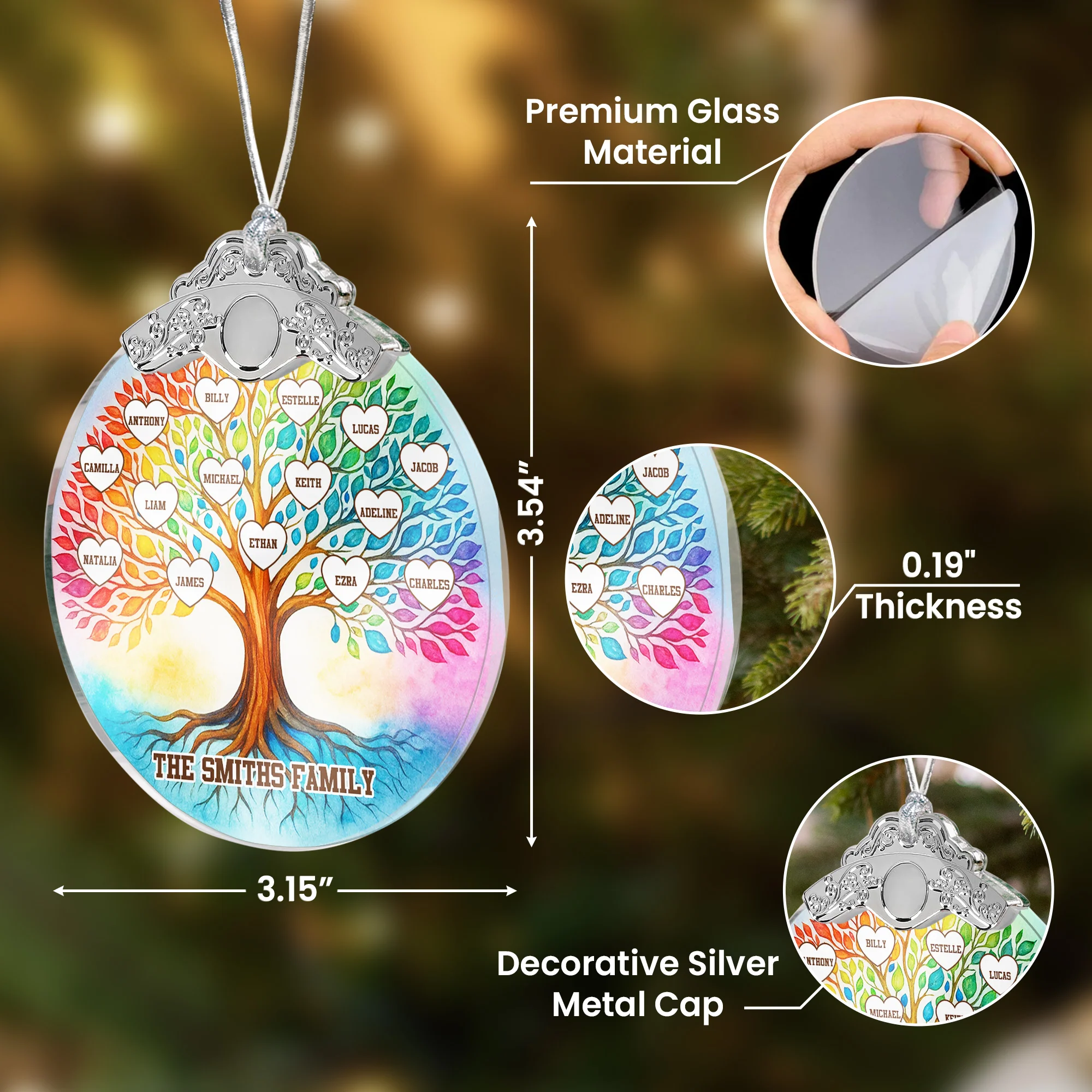 Family Tree Of Life Custom With Names - Personalized Glass Ornament With Silver Cap - Image 2