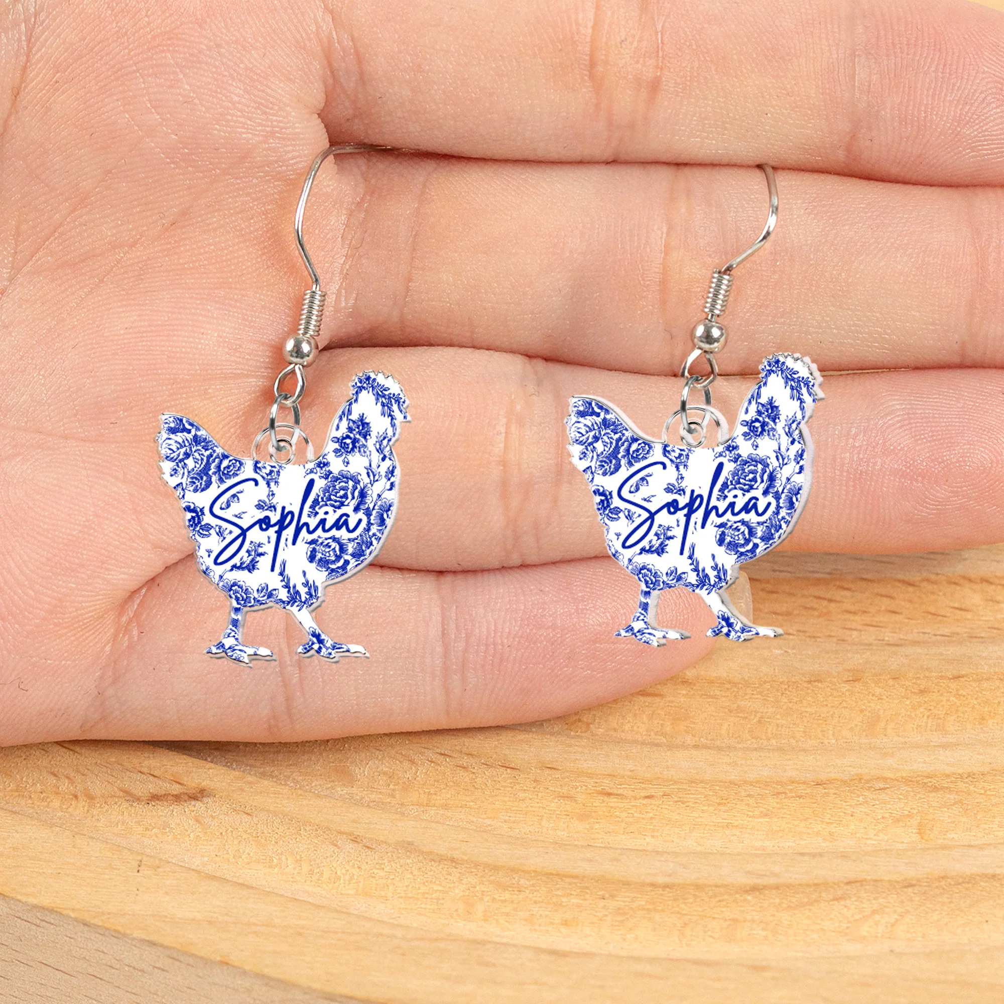 Farm Animals Toile De Jouy Chicken Cow Donkey Pig - Personalized Acrylic Earrings - Image 3