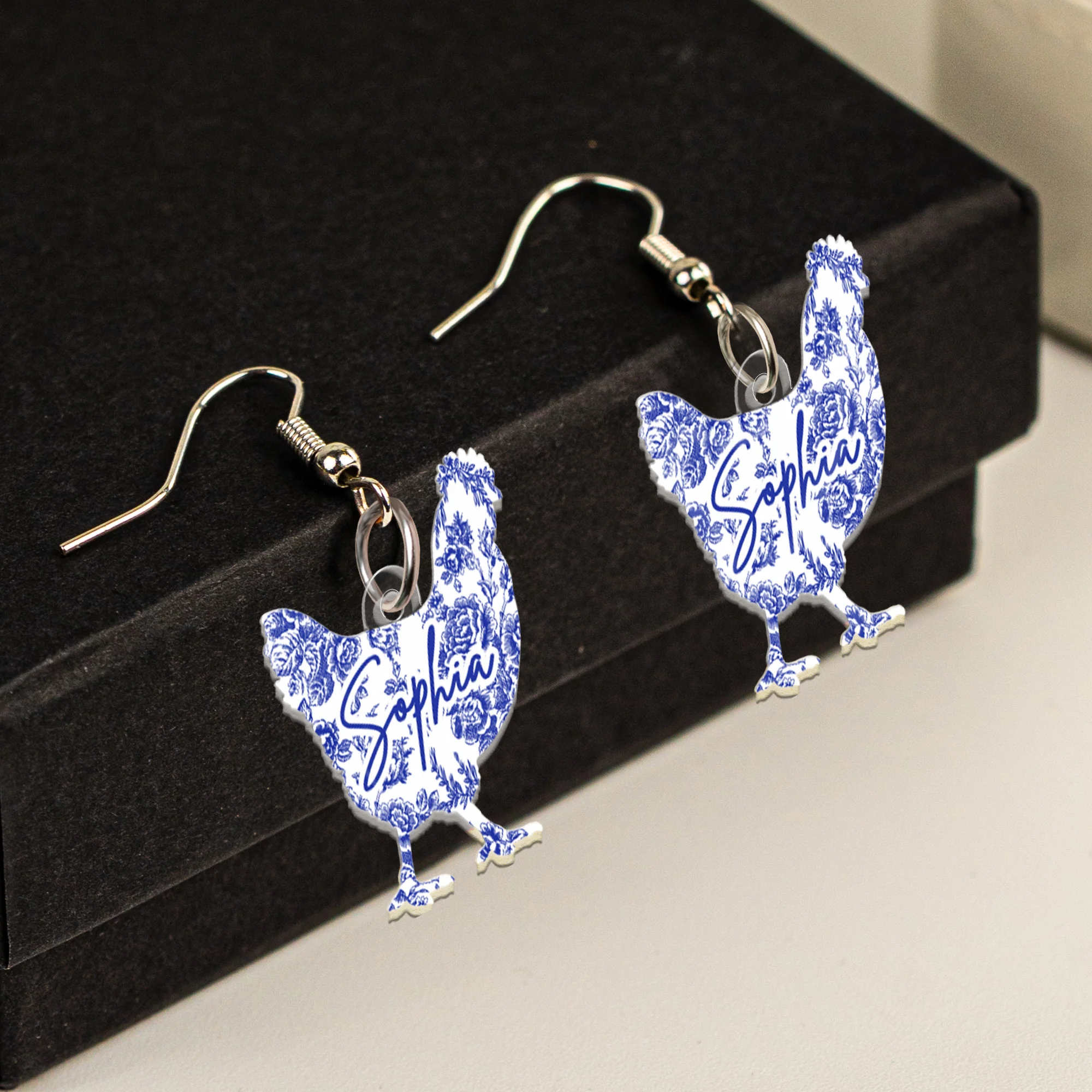 Farm Animals Toile De Jouy Chicken Cow Donkey Pig - Personalized Acrylic Earrings - Image 4