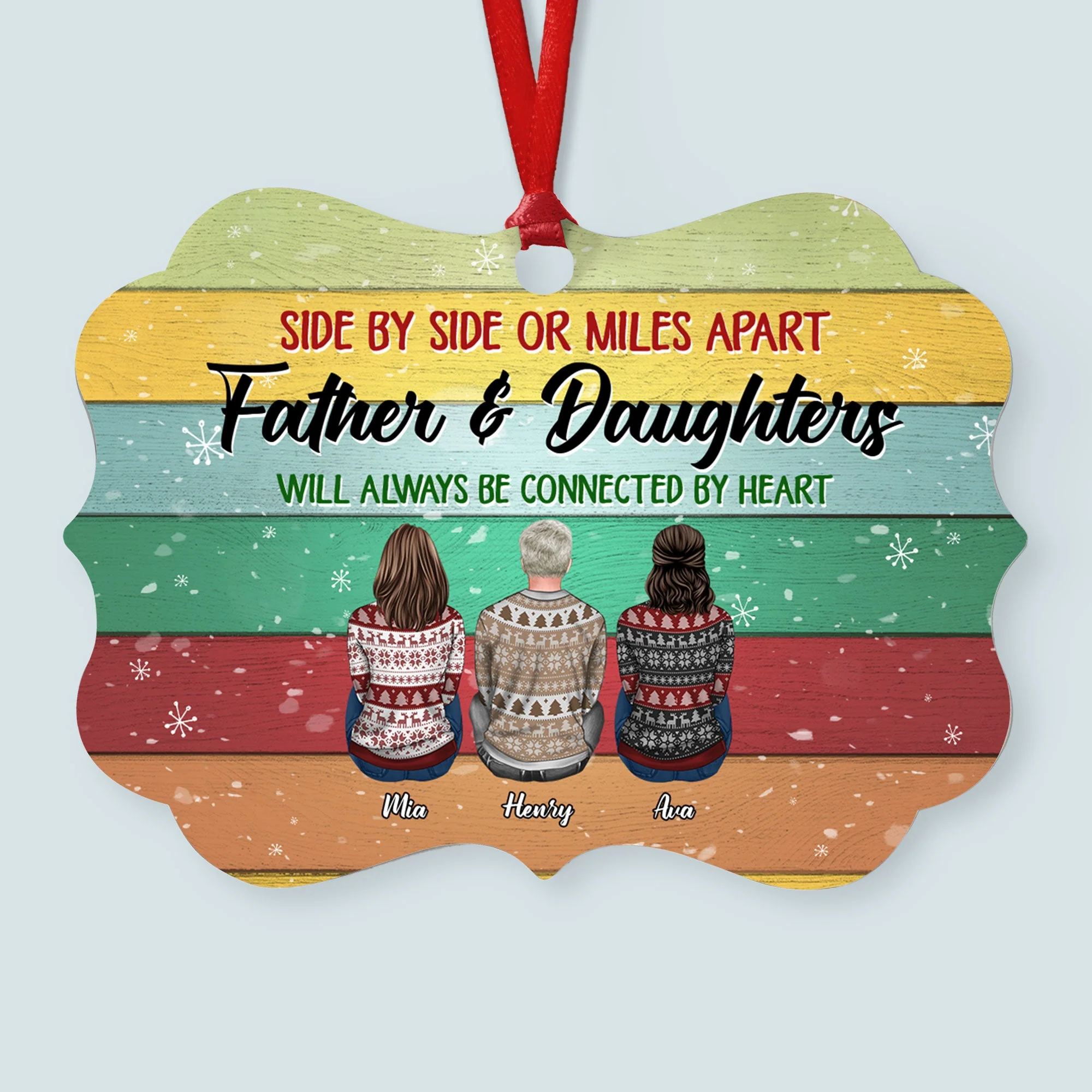 Father And His Children Will Always Be Connected By Heart - Personalized Aluminum Ornament - Christmas Gift For Dad, Father, Papa - Ugly Christmas Sweater Sitting