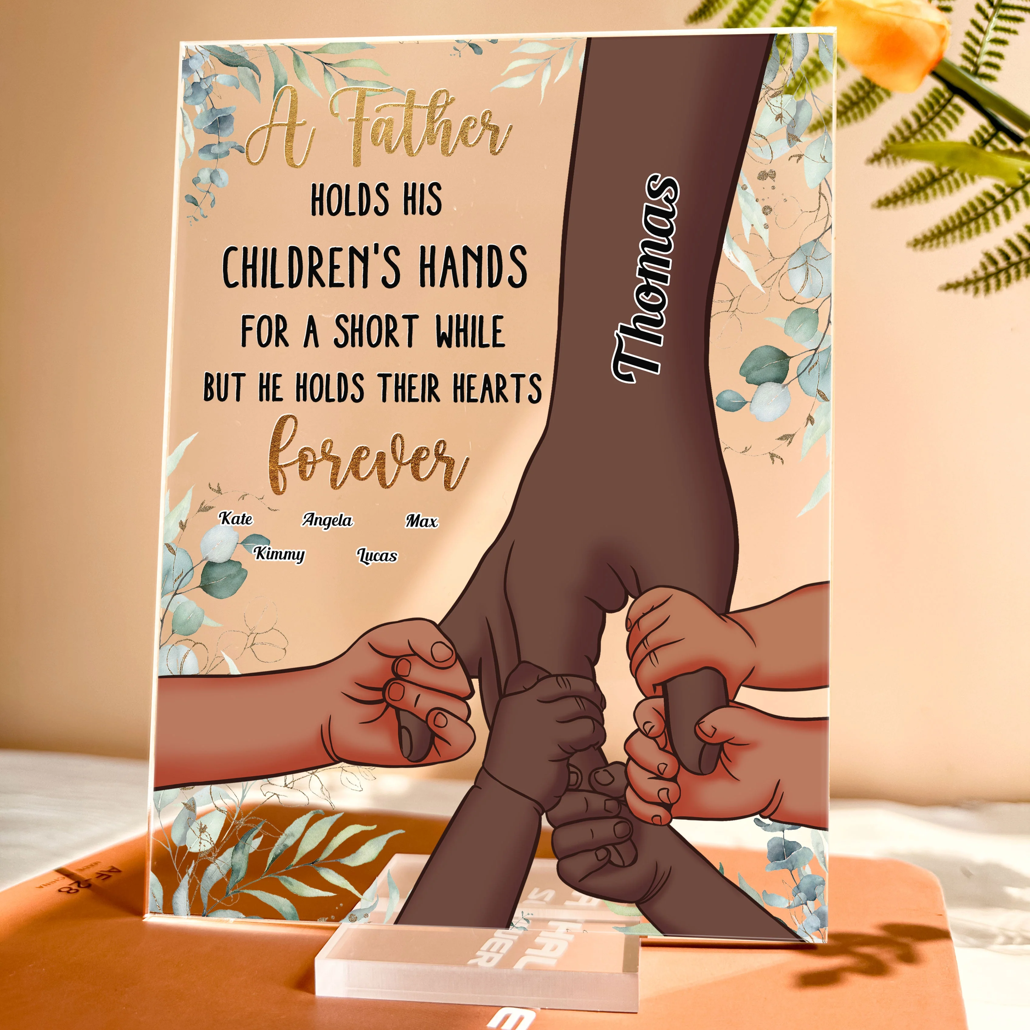 Father Holds Children's Hearts Forever - Personalized Acrylic Plaque Black Version - Image 4