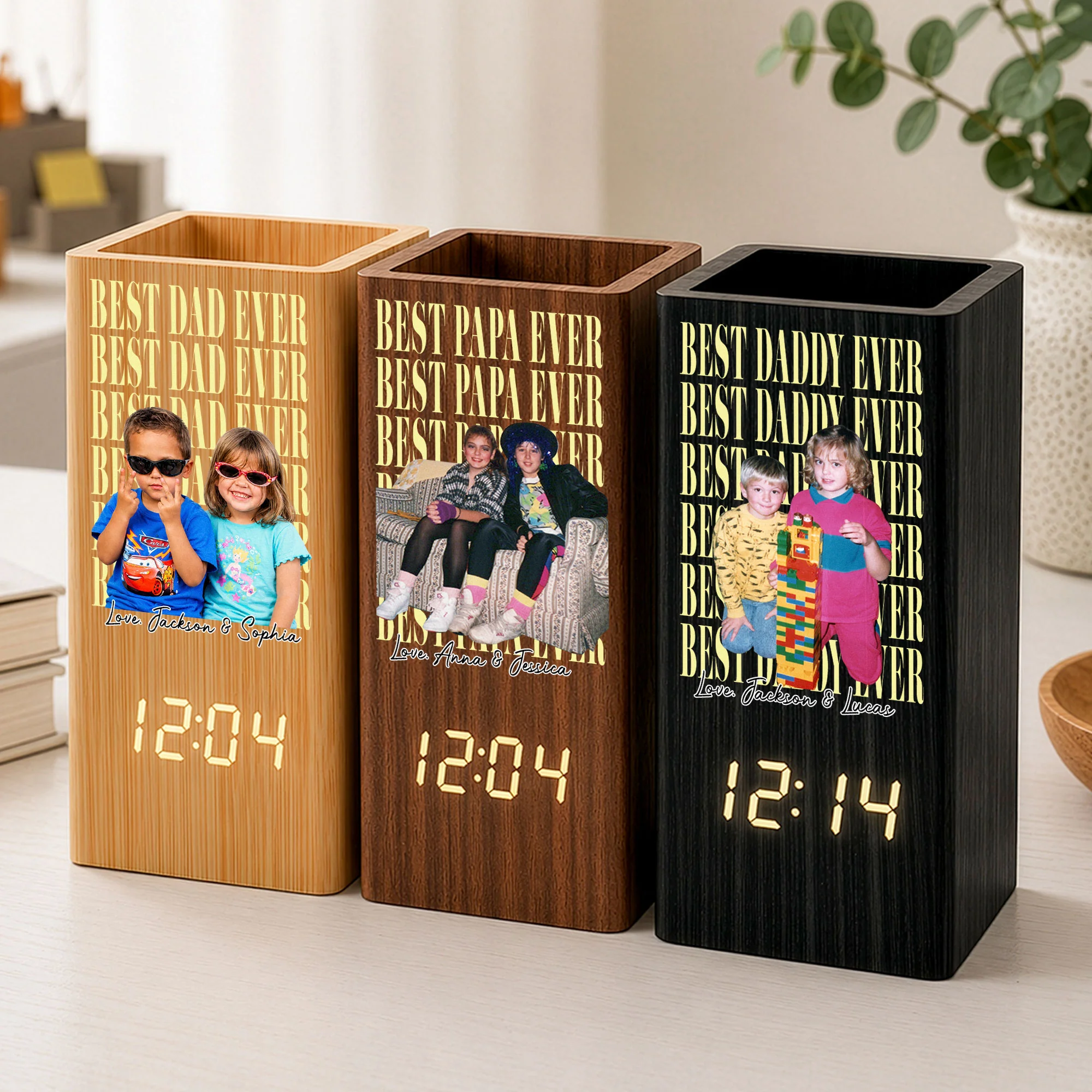 Father's Day Gifts, Best Dad Ever Custom Photo - Personalized Pen Holder With Clock