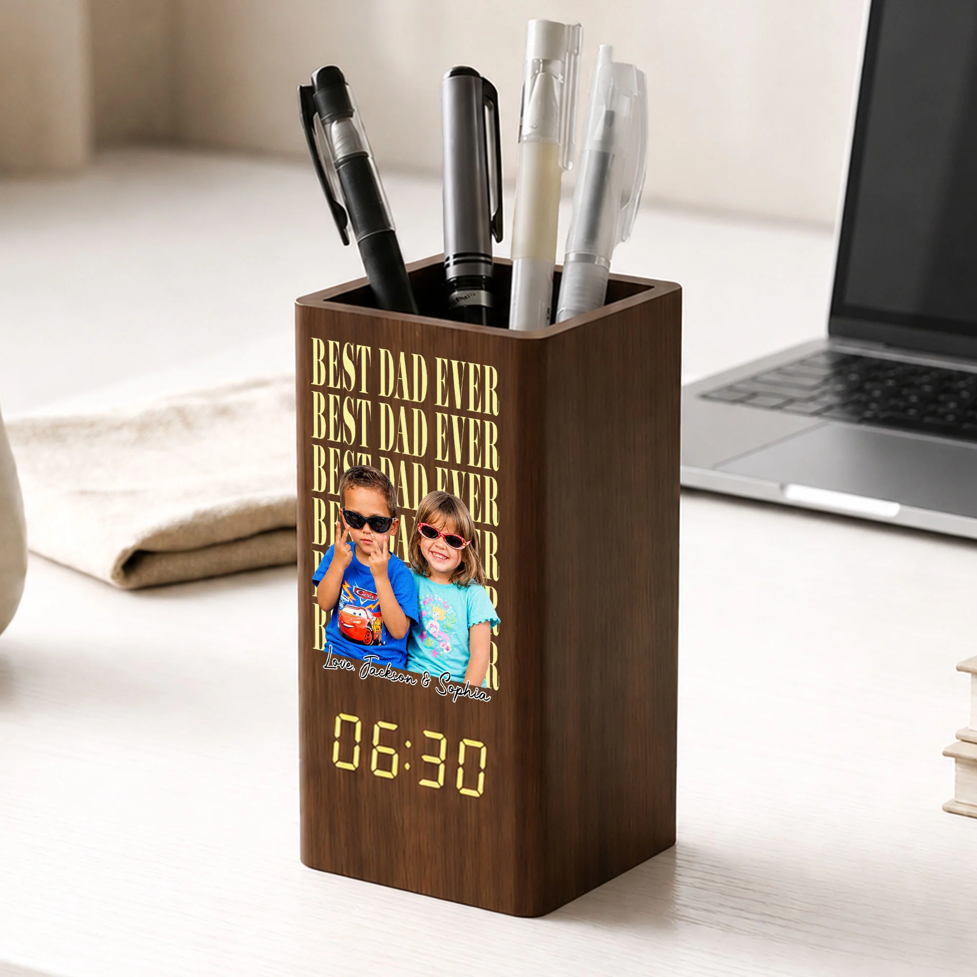 Father's Day Gifts, Best Dad Ever Custom Photo - Personalized Pen Holder With Clock - Image 2