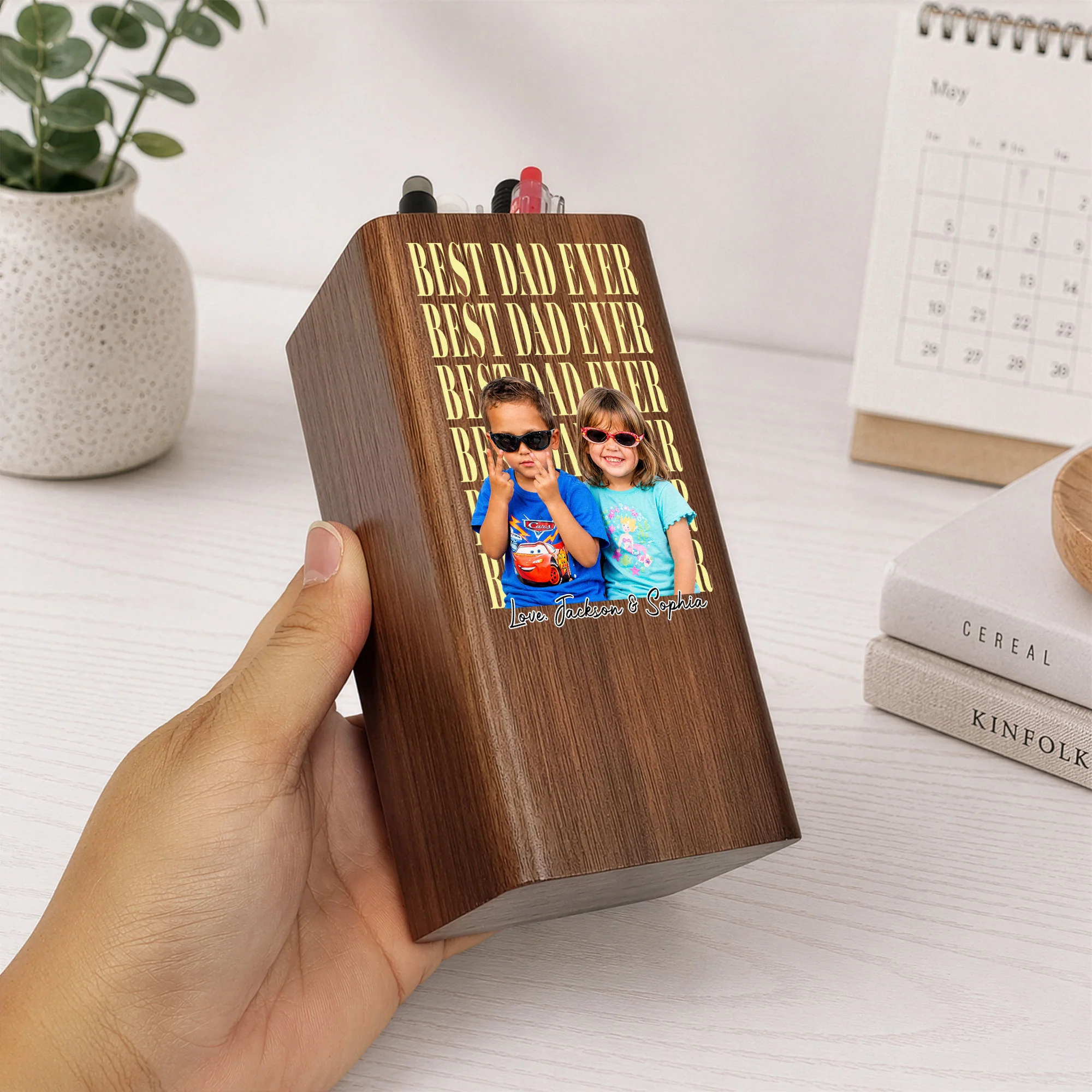 Father's Day Gifts, Best Dad Ever Custom Photo - Personalized Pen Holder With Clock - Image 5