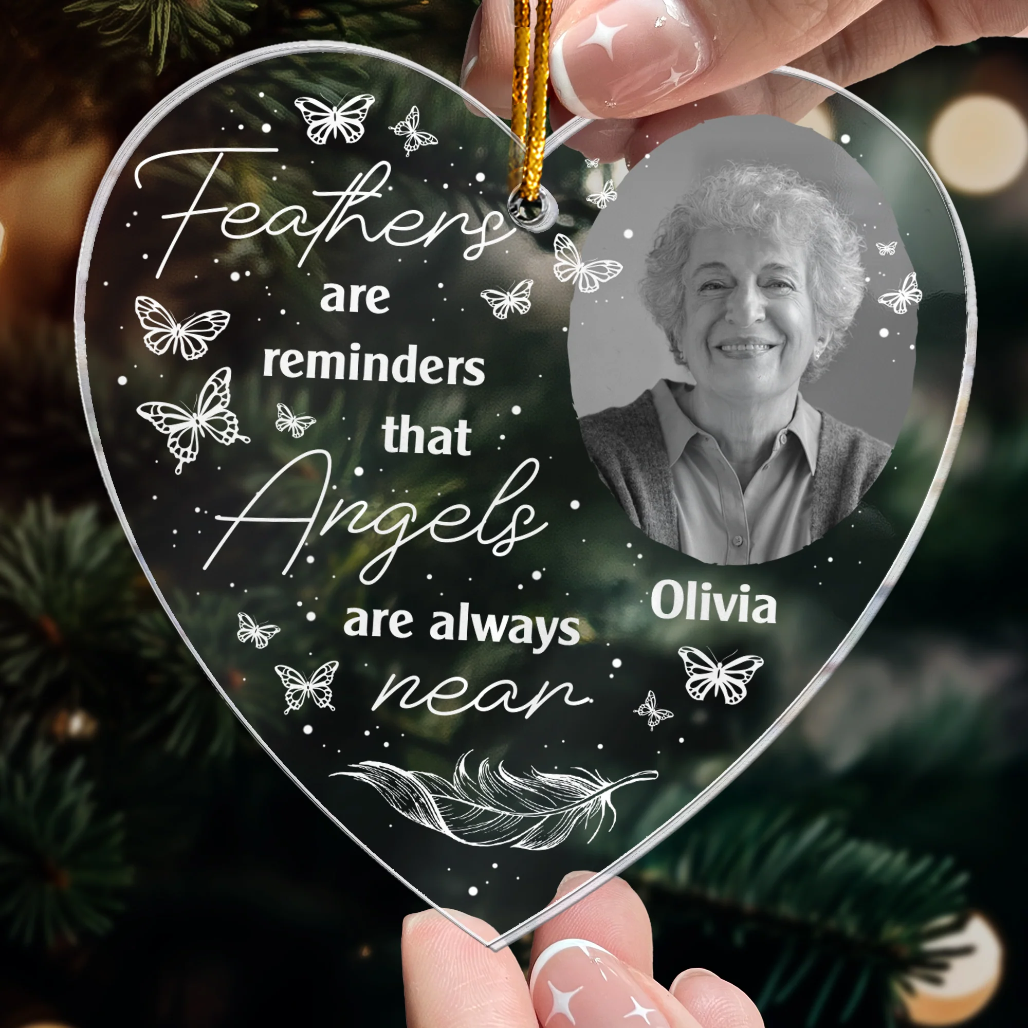Feathers Are Reminders Angels Are Always Near - Personalized Acrylic Photo Ornament - Image 2