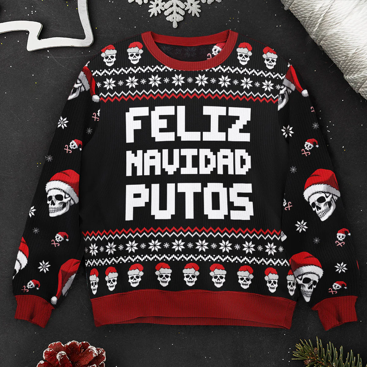 Feliz Navidad Putos Funny Skull Skeleton - Personalized Ugly Sweater - Image 5