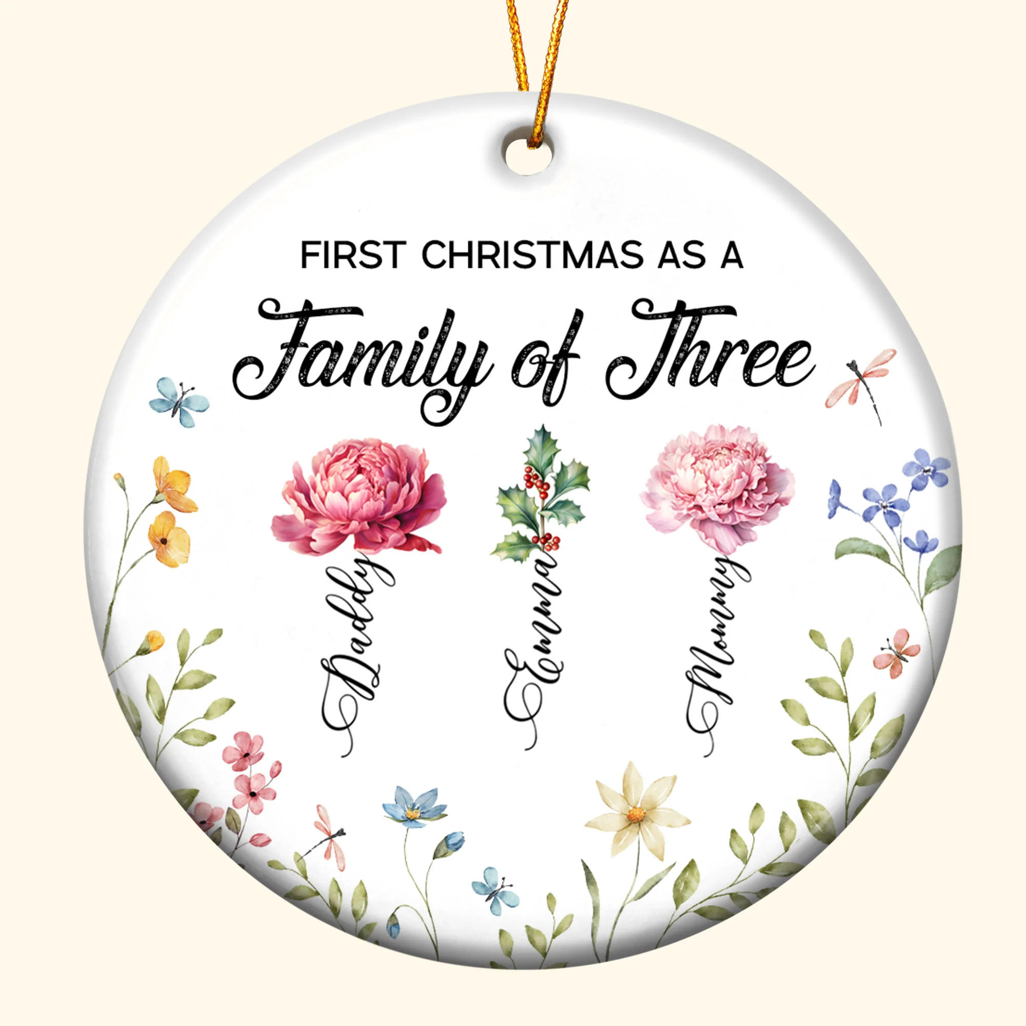 First Christmas As A Family Of Three Birth Flowers - Personalized Ceramic Ornament - Image 4
