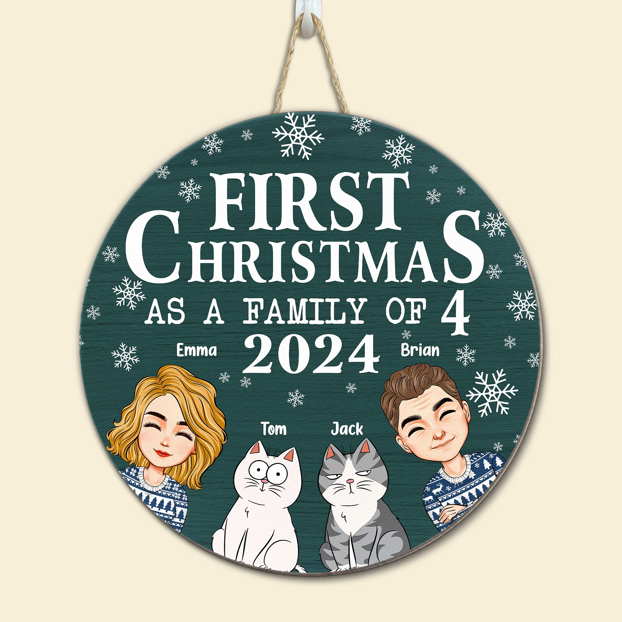 First Christmas As A Family With Cats - Personalized Wood Wreath - Image 5