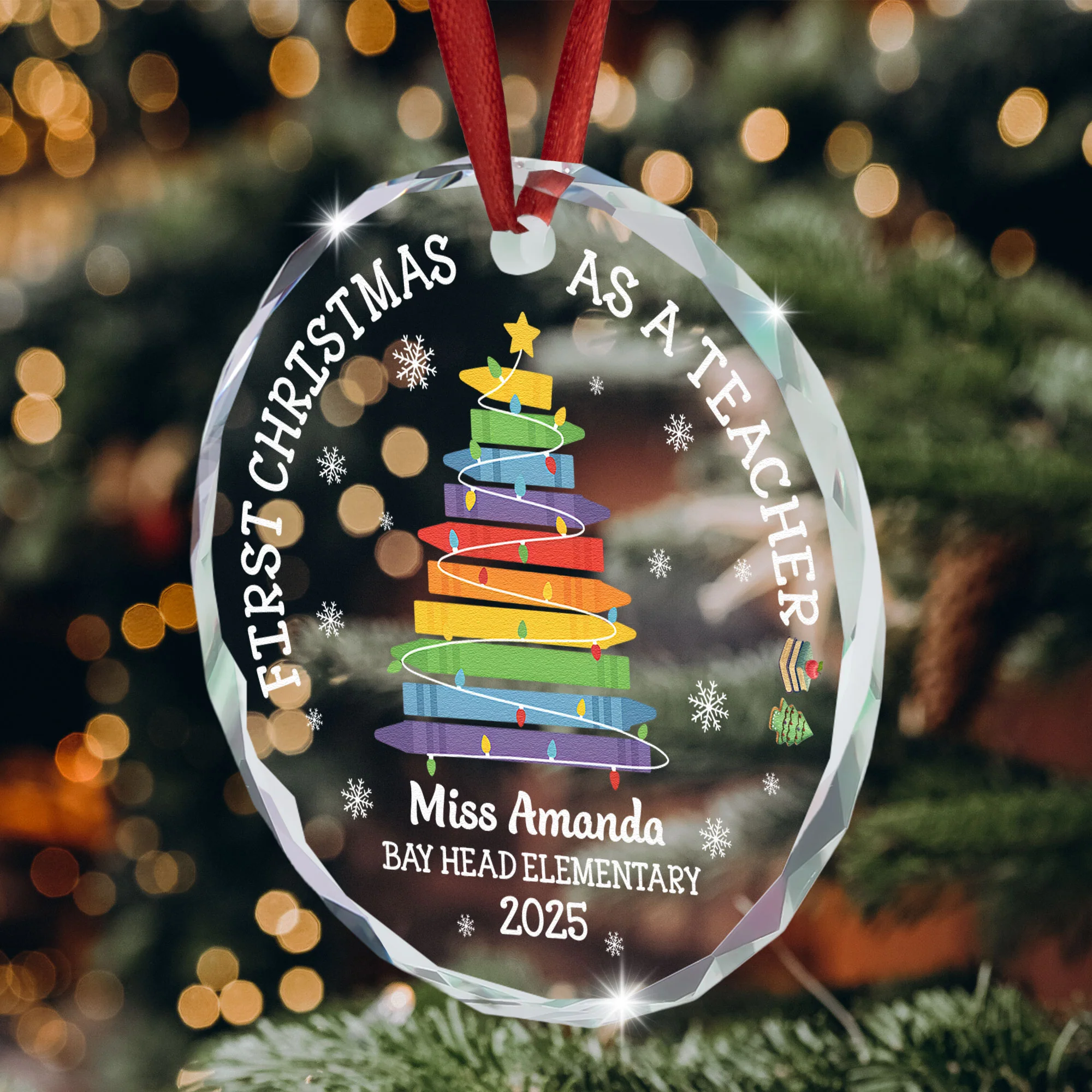 First Christmas As A Teacher - Personalized Glass Ornament - Image 2