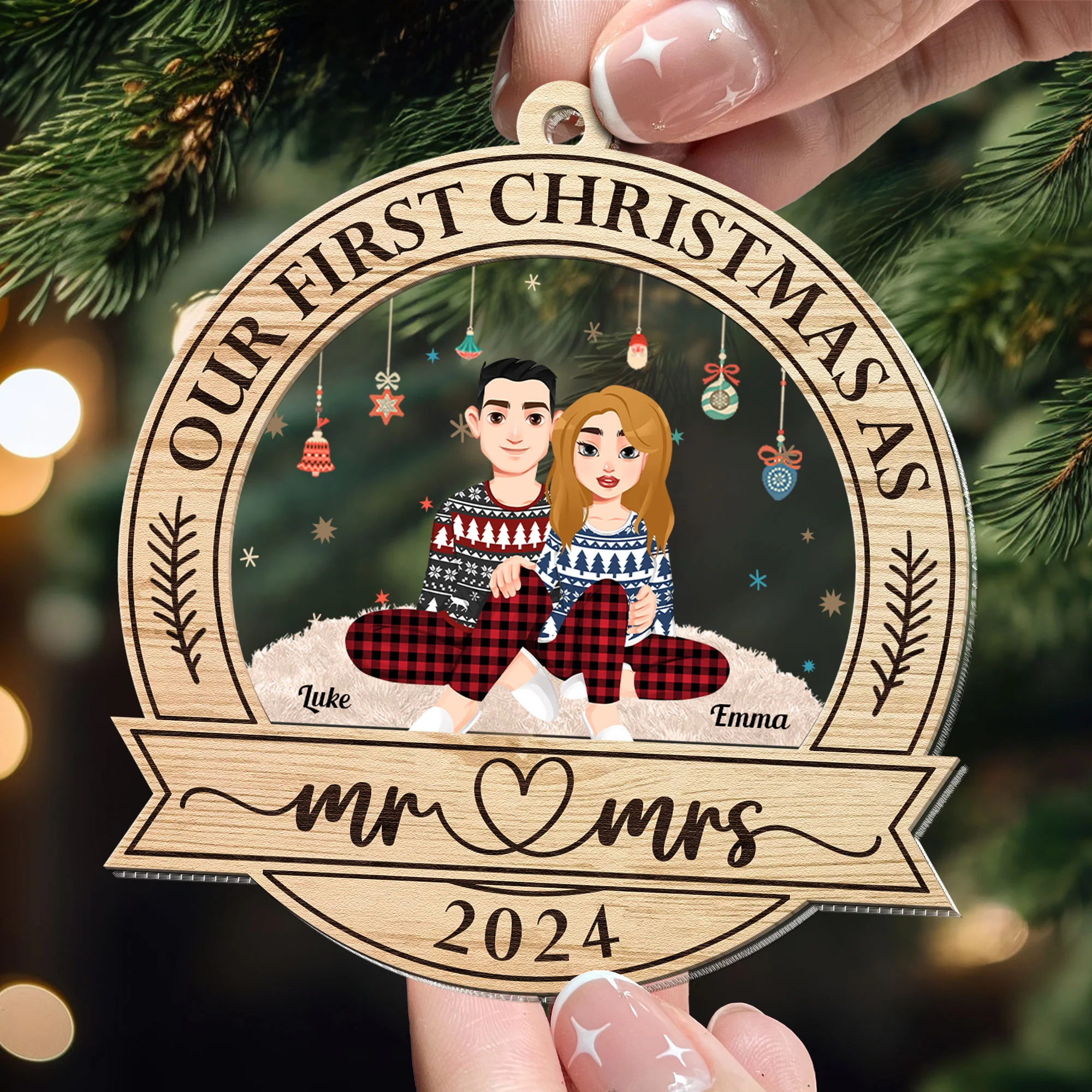 First Christmas As Mr & Mrs - Personalized Acrylic And Wood Ornament - Image 4