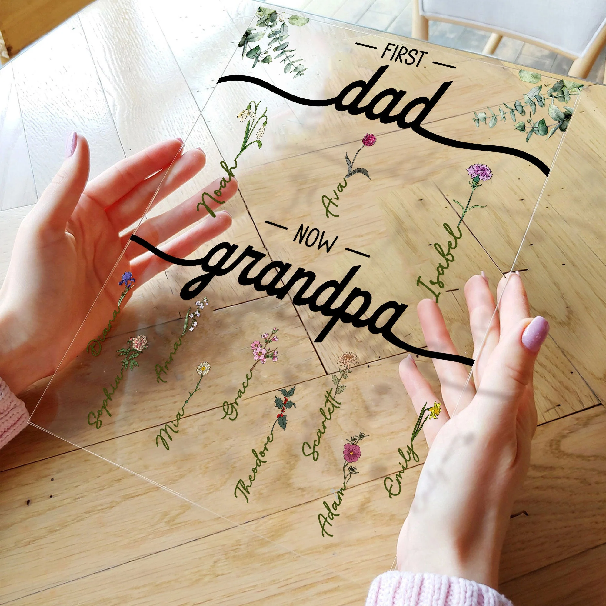 First Dad Now Grandpa With Flowers - Personalized Acrylic Plaque - Image 3