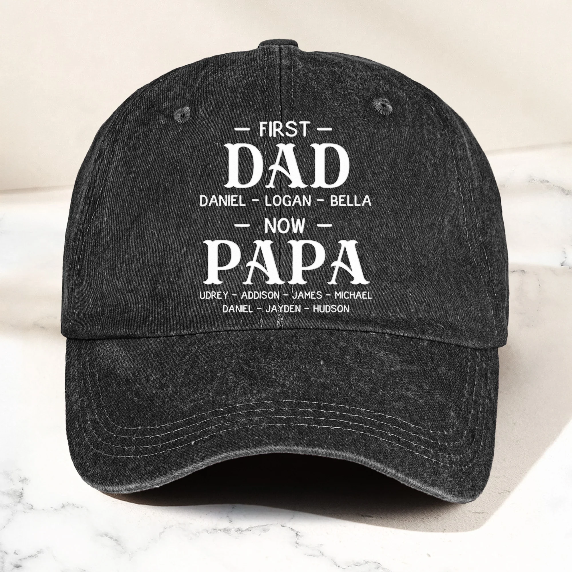 First Dad Now Grandpa With Kids' Names - Personalized Distressed Denim Cap