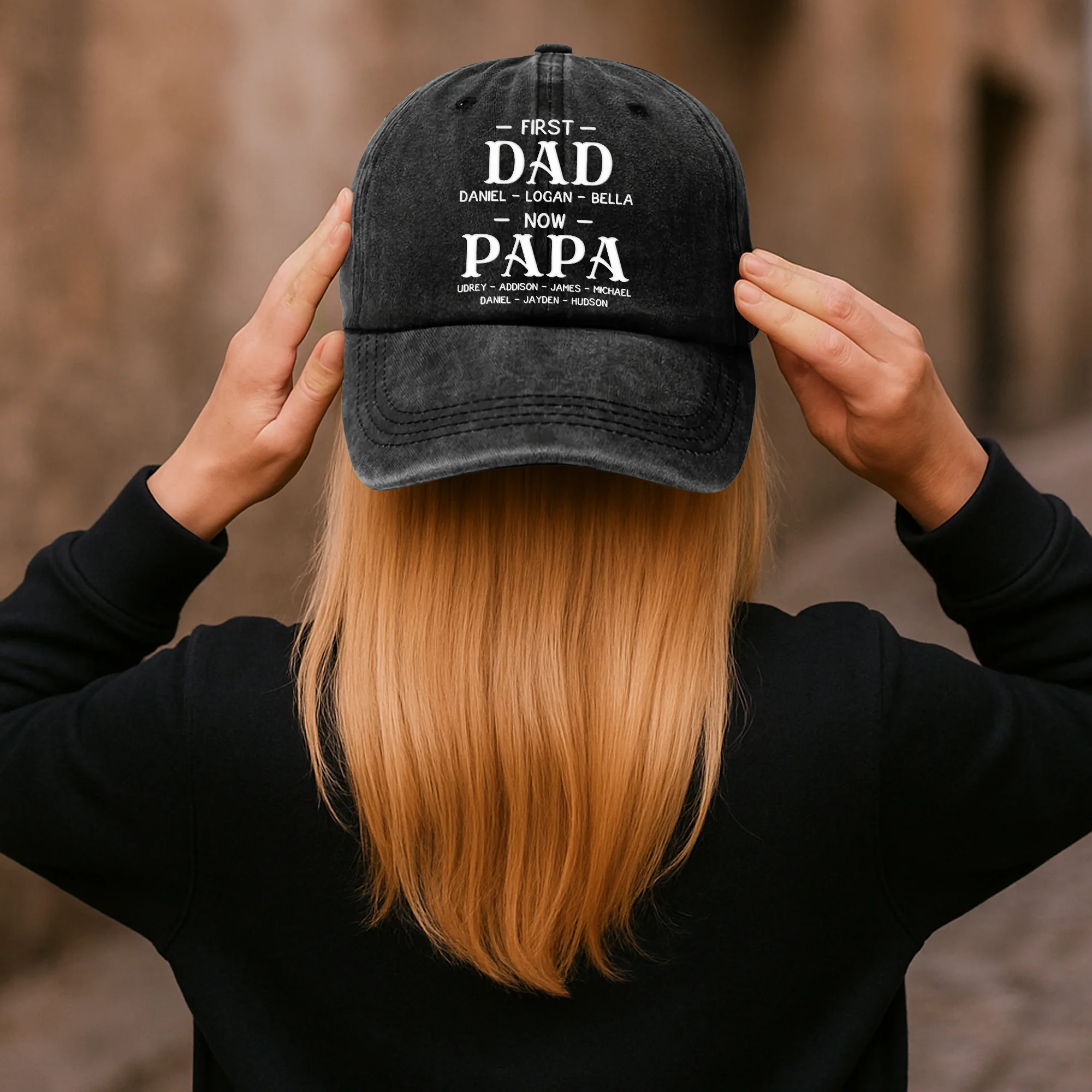 First Dad Now Grandpa With Kids' Names - Personalized Distressed Denim Cap - Image 3