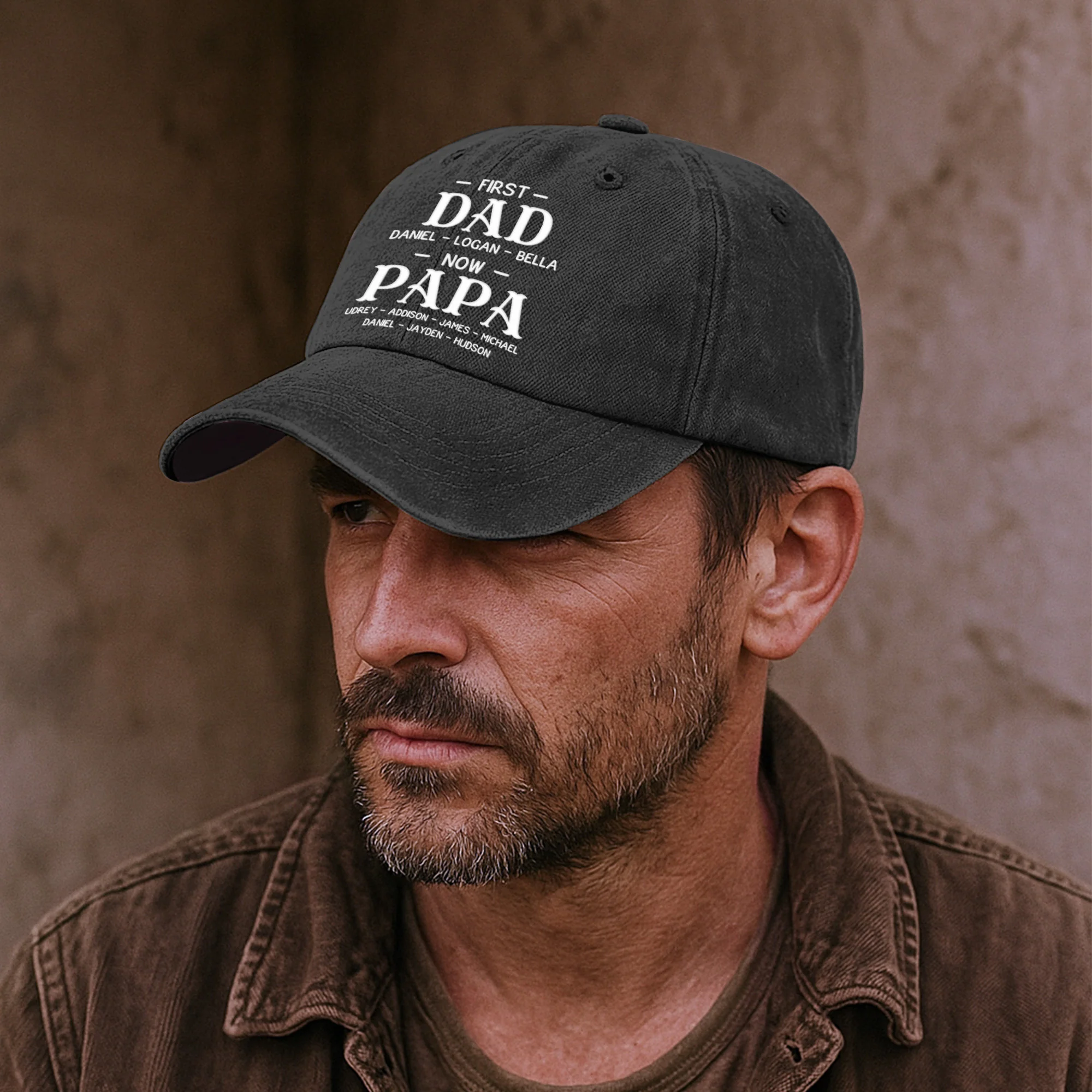 First Dad Now Grandpa With Kids' Names - Personalized Distressed Denim Cap - Image 4