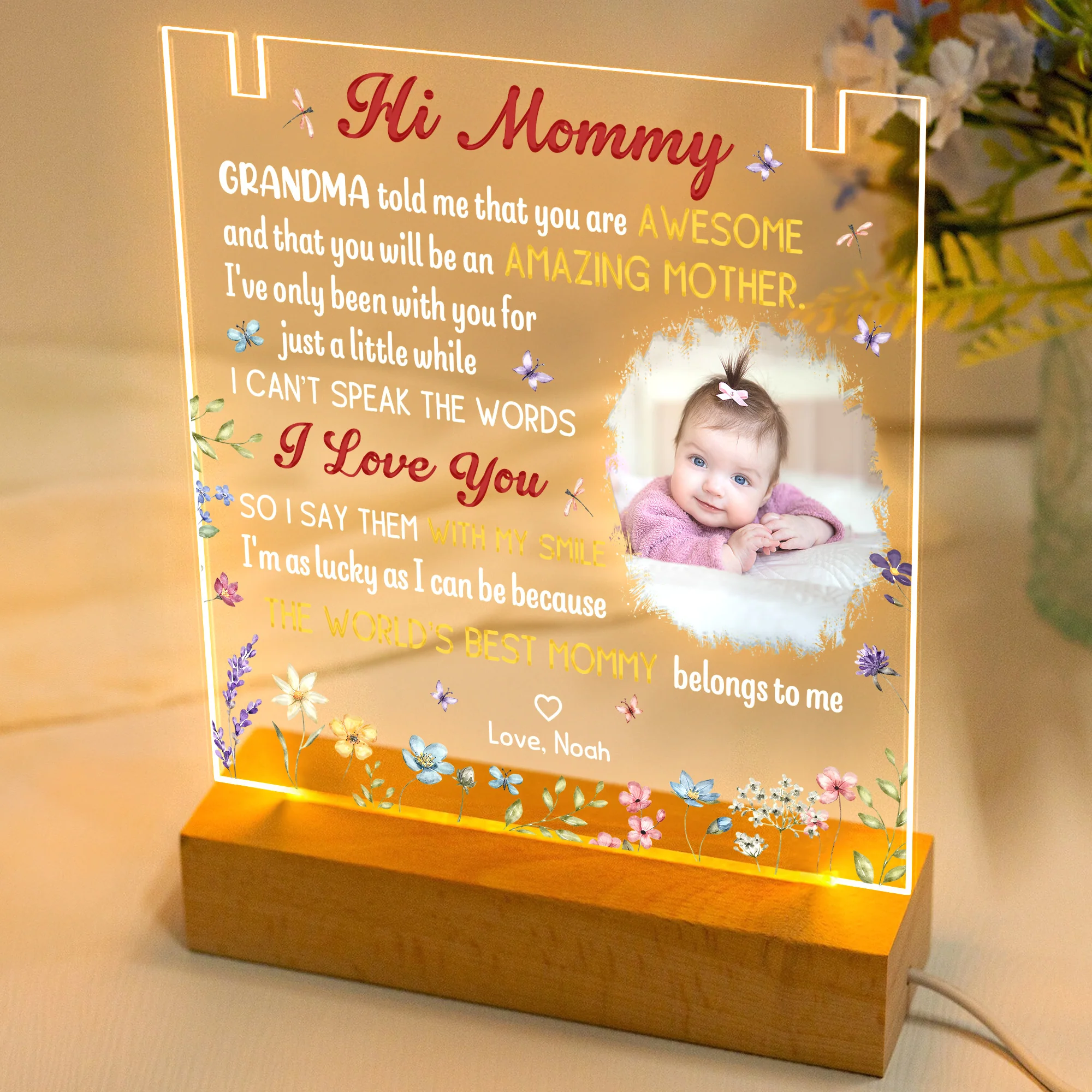 First Mom New Mom Gift - Personalized LED Light Acrylic Photo Plaque With Infinity Necklace - Image 2