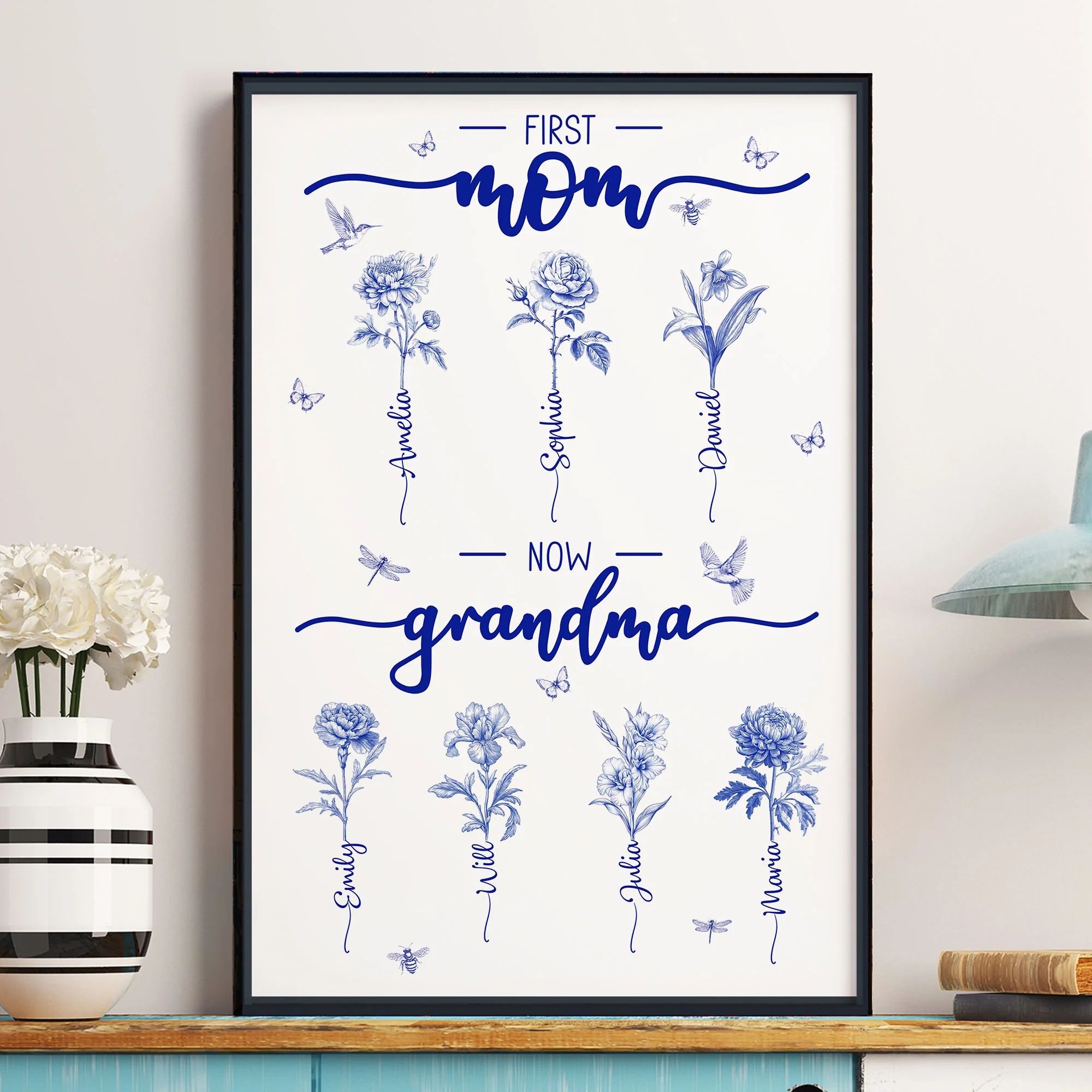 First Mom Now Grandma Custom Birth Flower Toile De Jouy - Personalized Poster