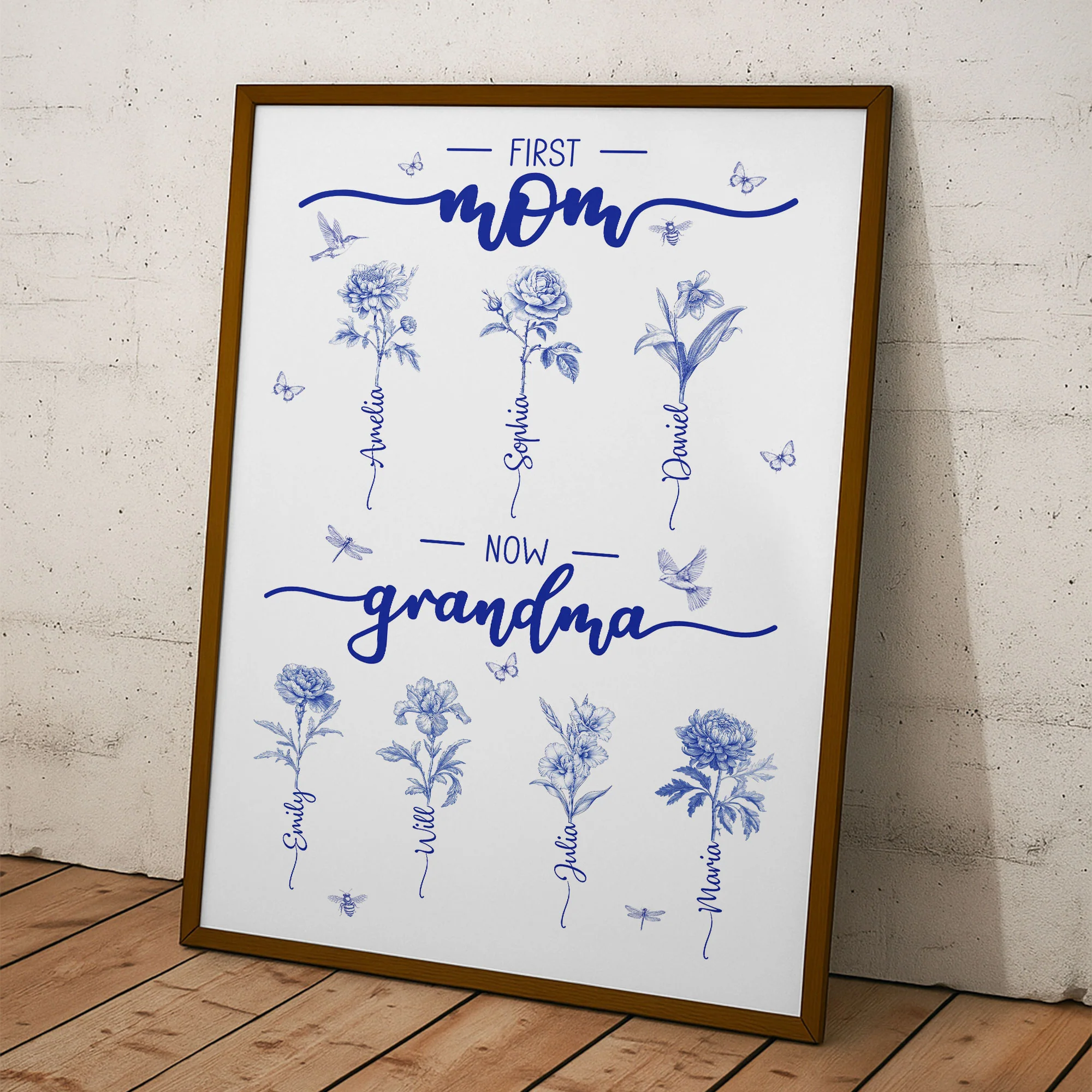 First Mom Now Grandma Custom Birth Flower Toile De Jouy - Personalized Poster - Image 4