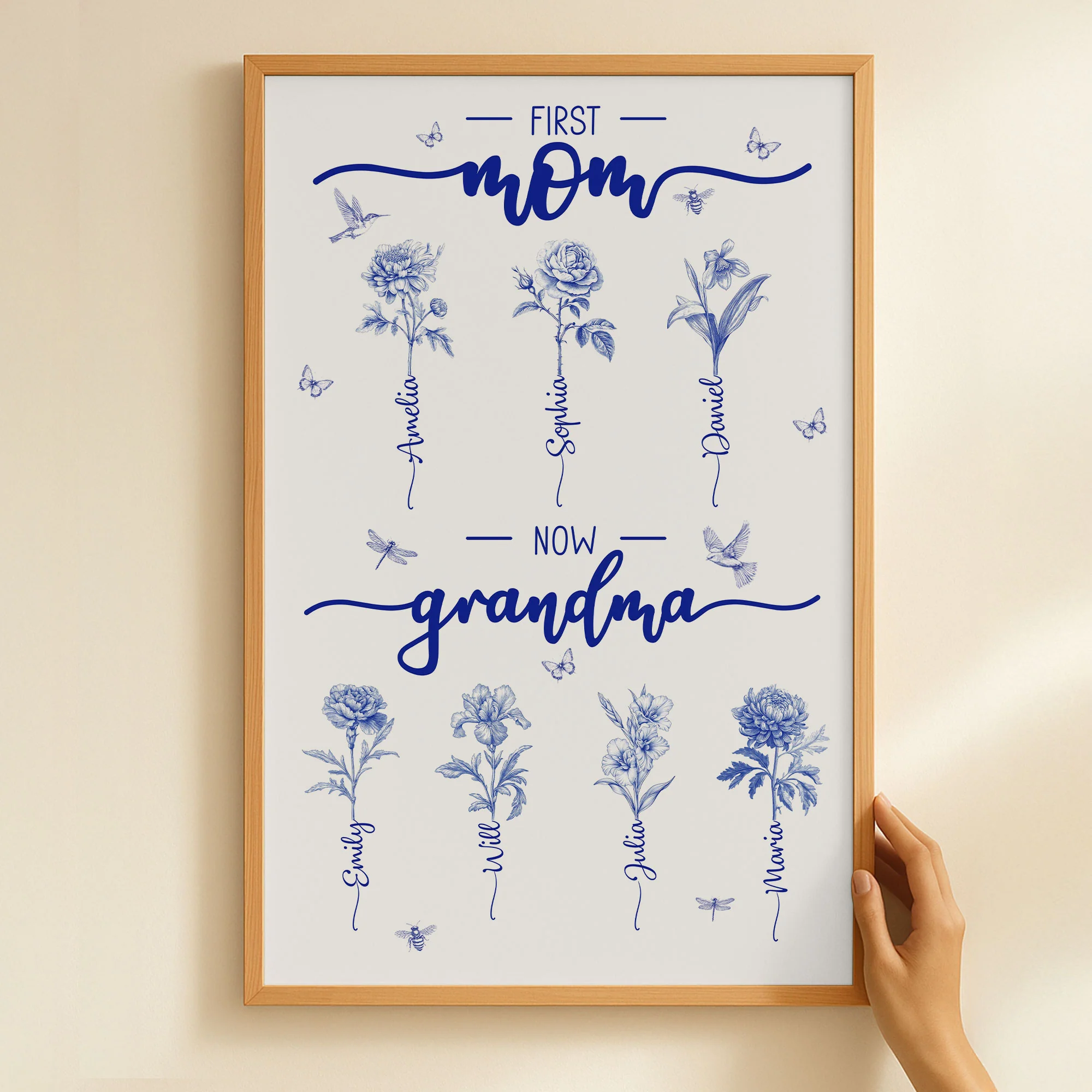 First Mom Now Grandma Custom Birth Flower Toile De Jouy - Personalized Poster - Image 5