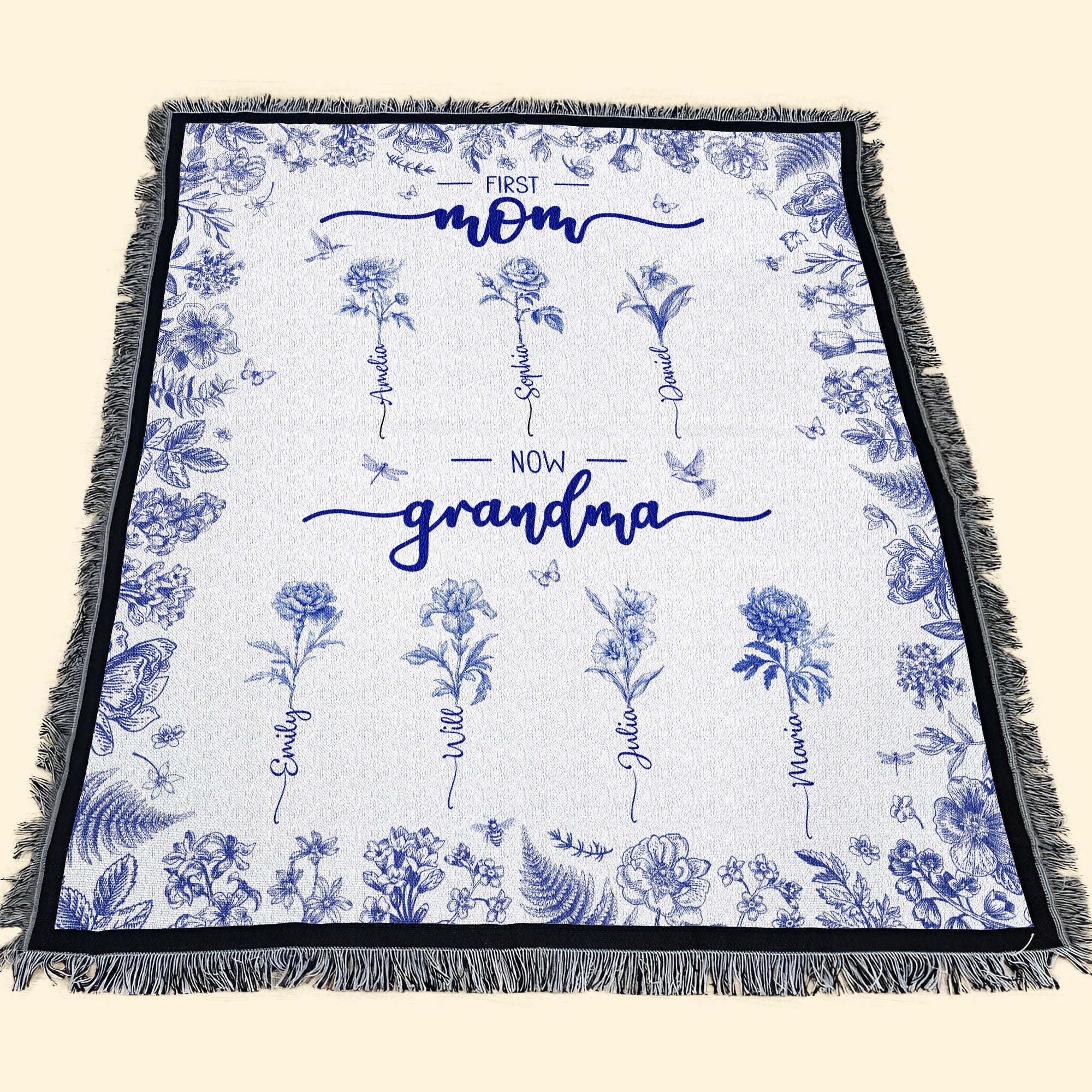 First Mom Now Grandma Custom Birth Flower Toile De Jouy - Personalized Woven Blanket - Image 6