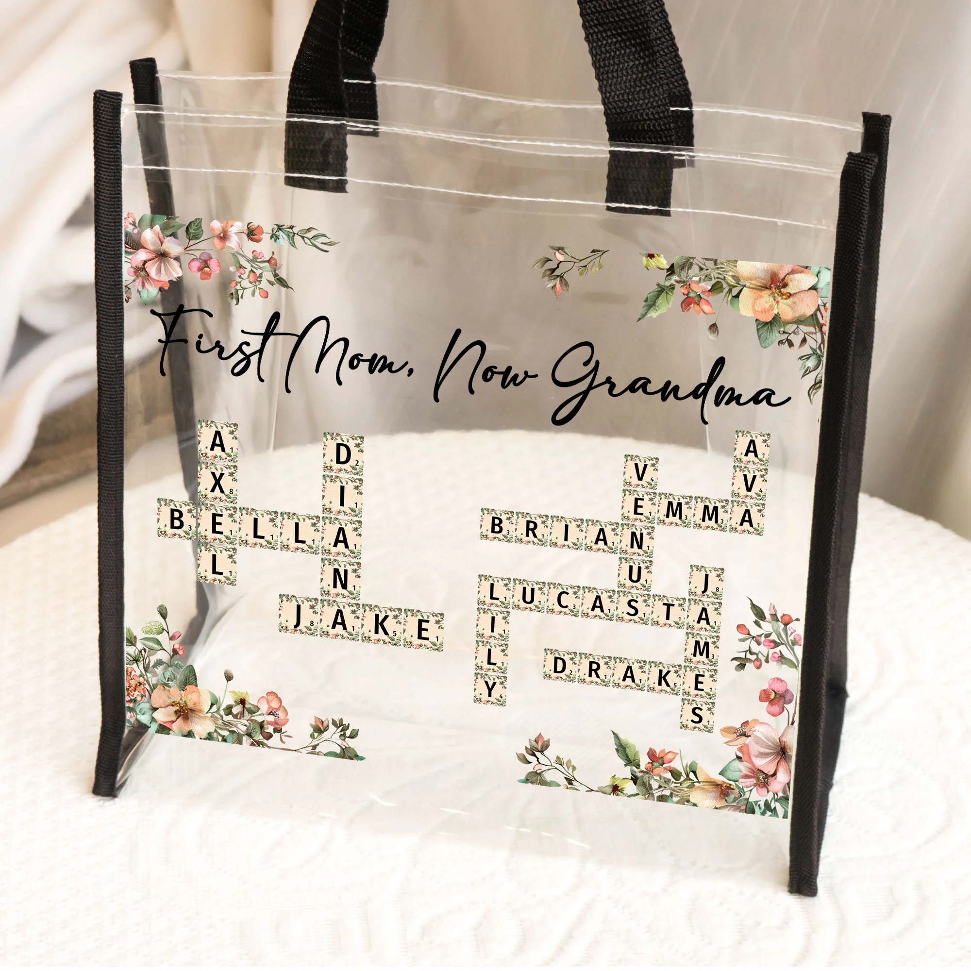First Mom Now Grandma Floral Scrabble Name - Custom Clear Tote Bag - Image 2