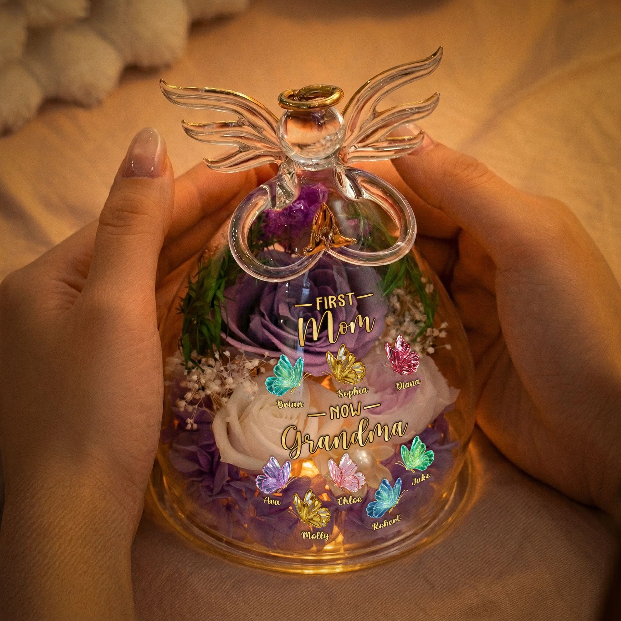 First Mom Now Grandma Gift For Mom, Grandma - Personalized Flower In Glass Angel Figurines - Image 3