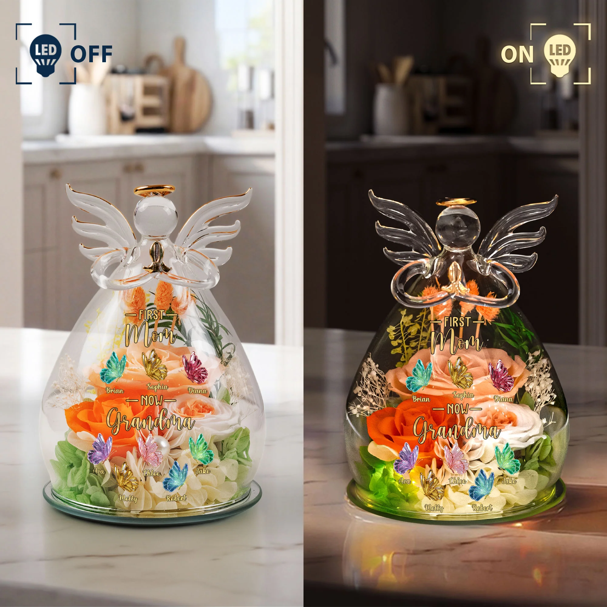 First Mom Now Grandma Gift For Mom, Grandma - Personalized Flower In Glass Angel Figurines - Image 5