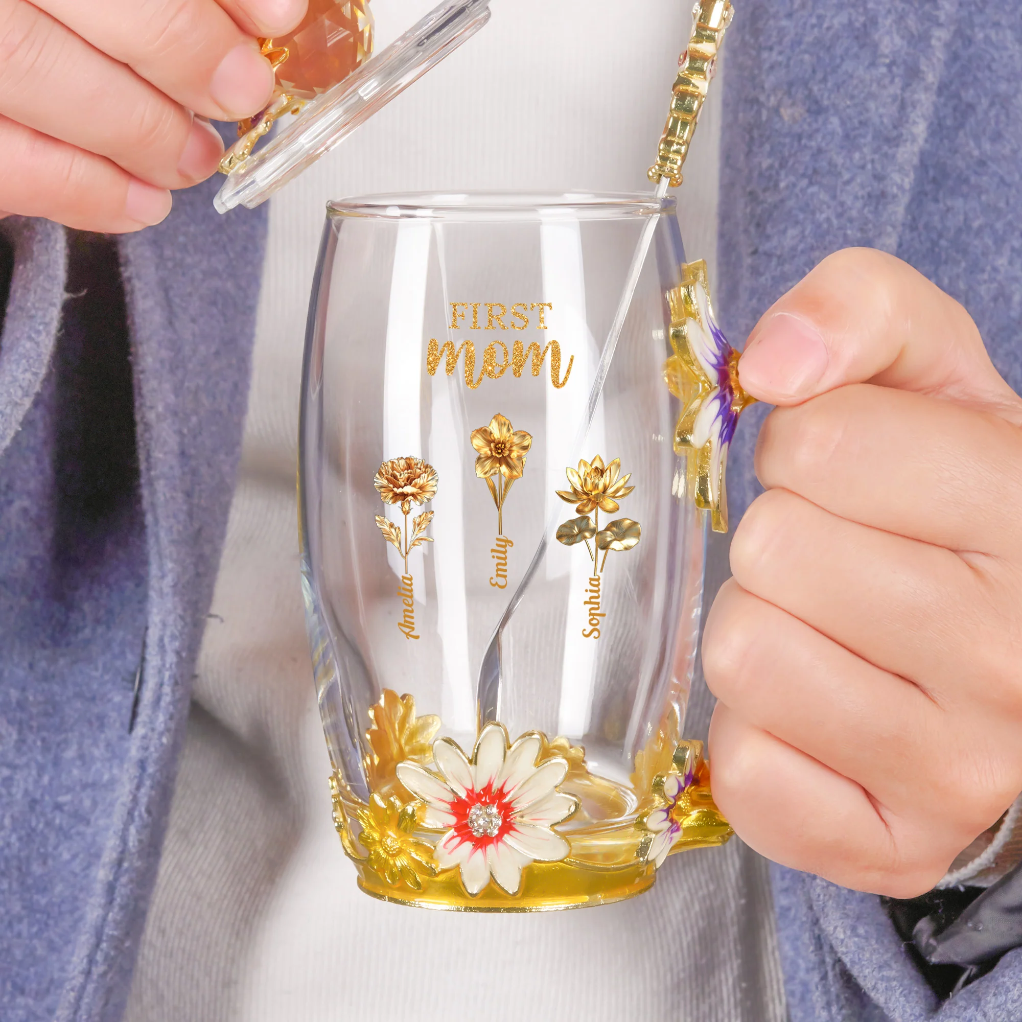 First Mom Now Grandma Golden Birth Month Flower - Personalized Glass Cup - Image 4
