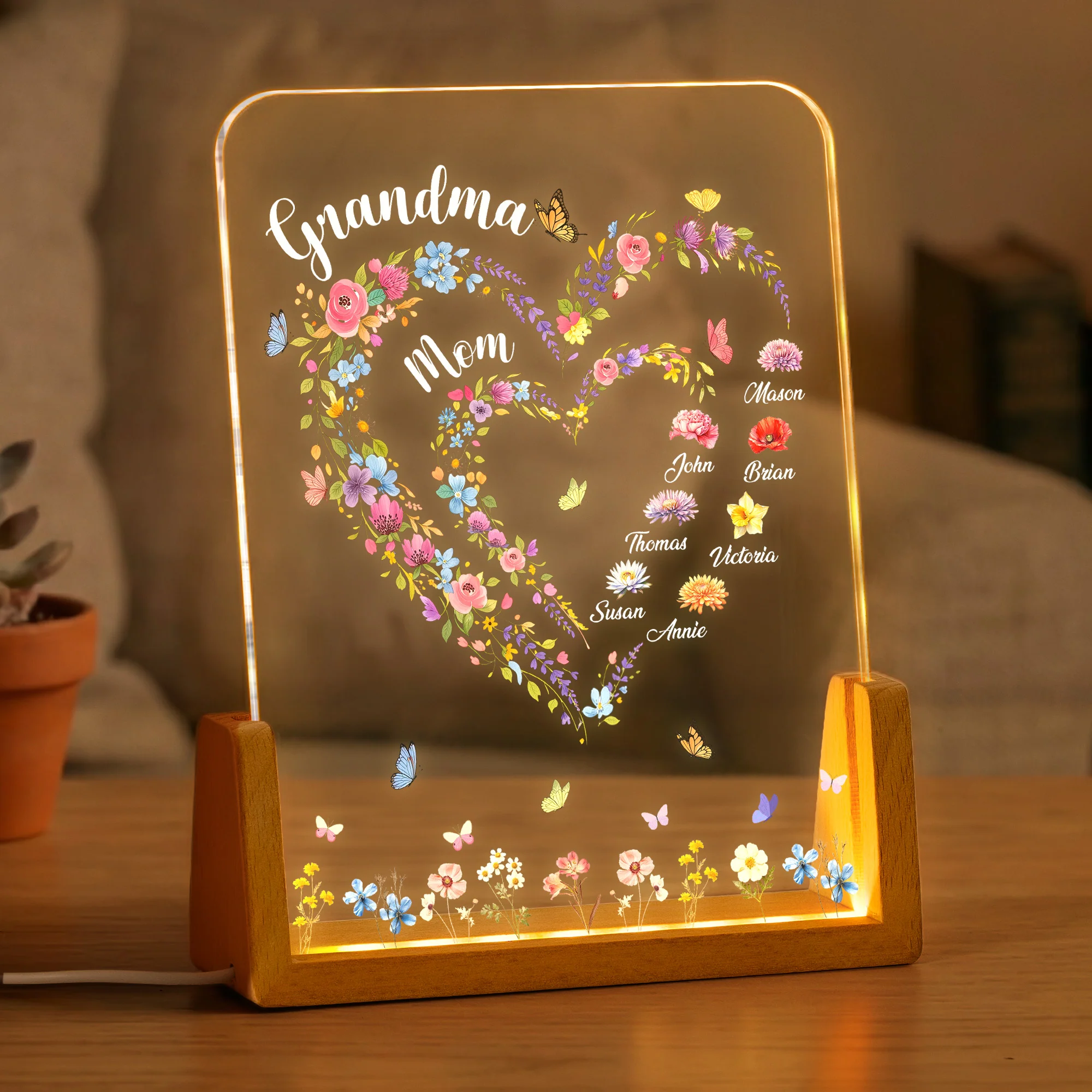 First Mom Now Grandma Heart Flower With Kids' Names & Birth Flower Personalized Night Light