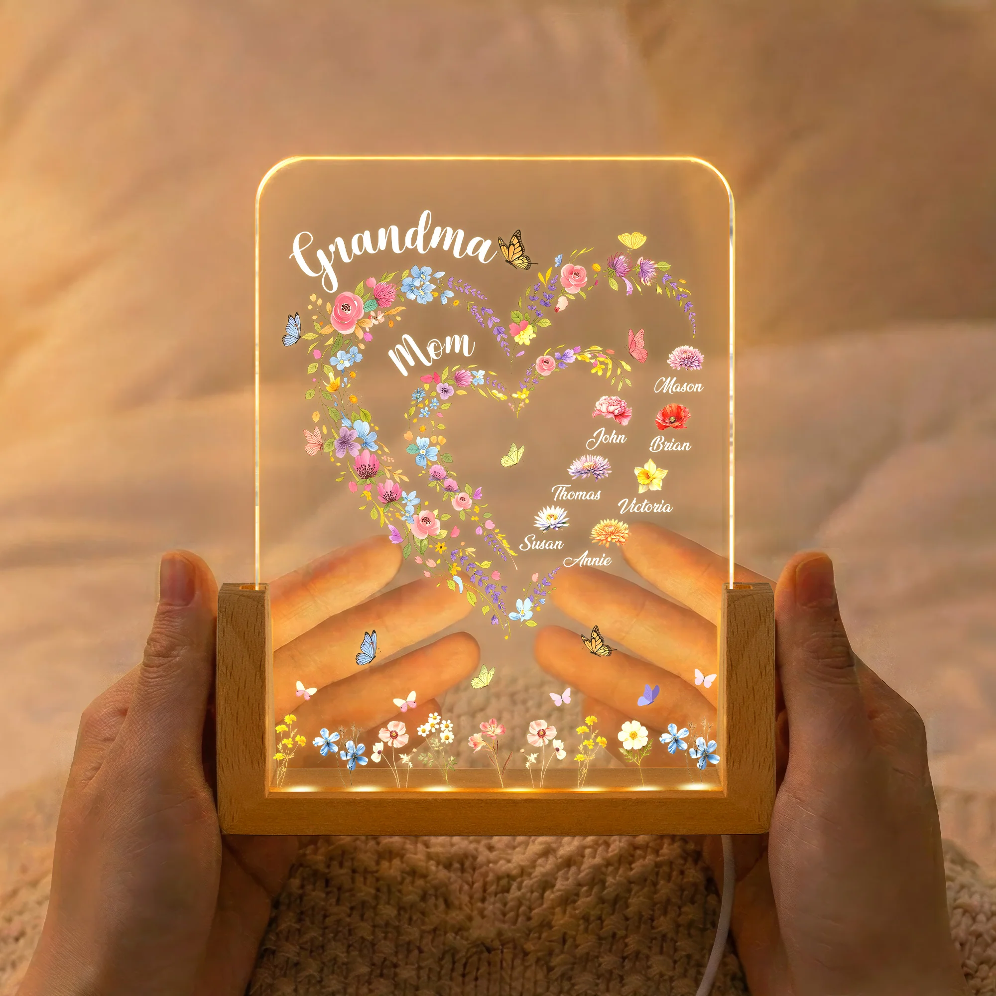 First Mom Now Grandma Heart Flower With Kids' Names & Birth Flower Personalized Night Light - Image 2