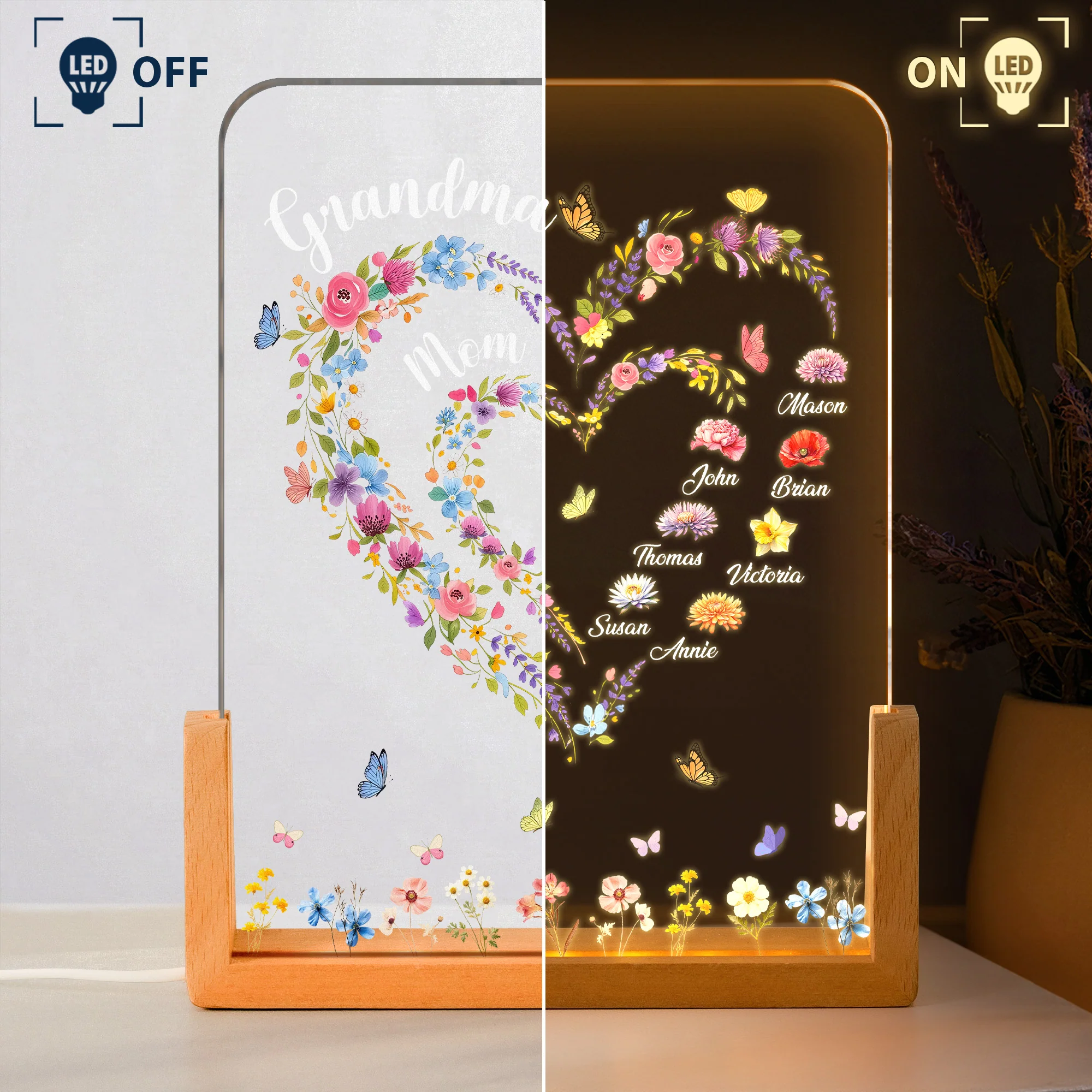 First Mom Now Grandma Heart Flower With Kids' Names & Birth Flower Personalized Night Light - Image 3